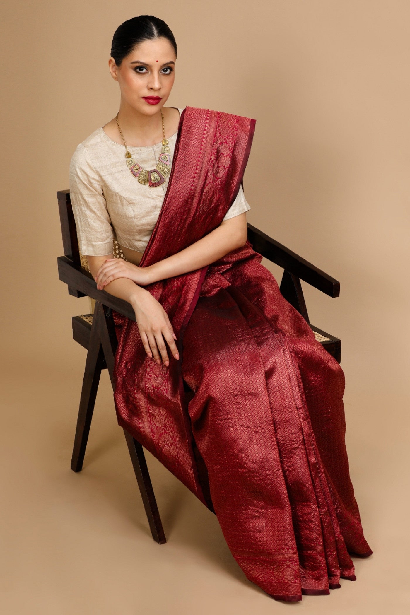 MySilkLove Bordeaux Maroon Woven Jacquard Lichi Silk Saree