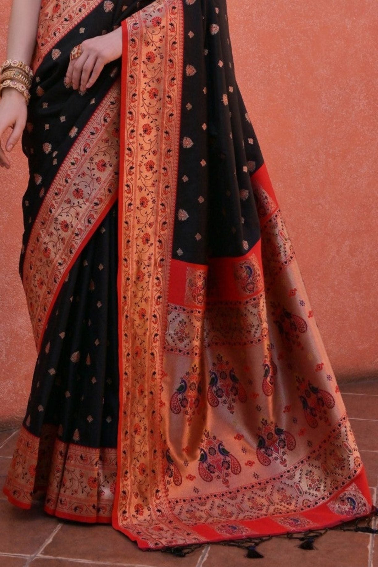 Buy MySilkLove Marshland Black and Red Zari Woven Paithani Saree Online