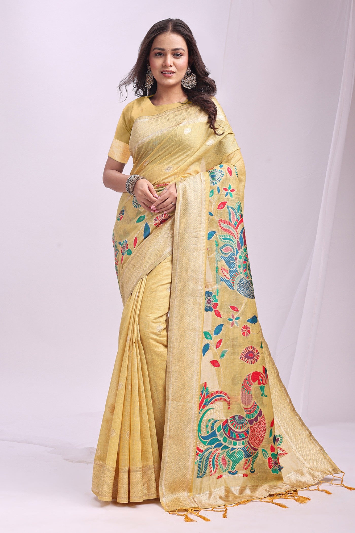 Buy MySilkLove Sun Yellow Woven Linen Cotton Saree Online