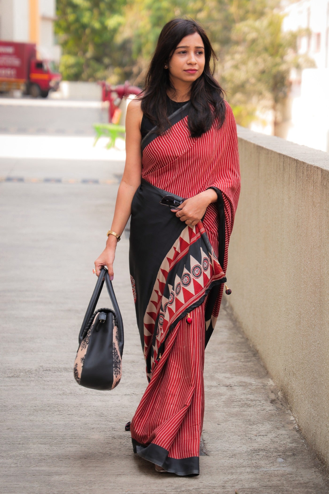 Buy MySilkLove Dark Chestnut Red Ajrakh Printed Satin Crepe Silk Saree Online
