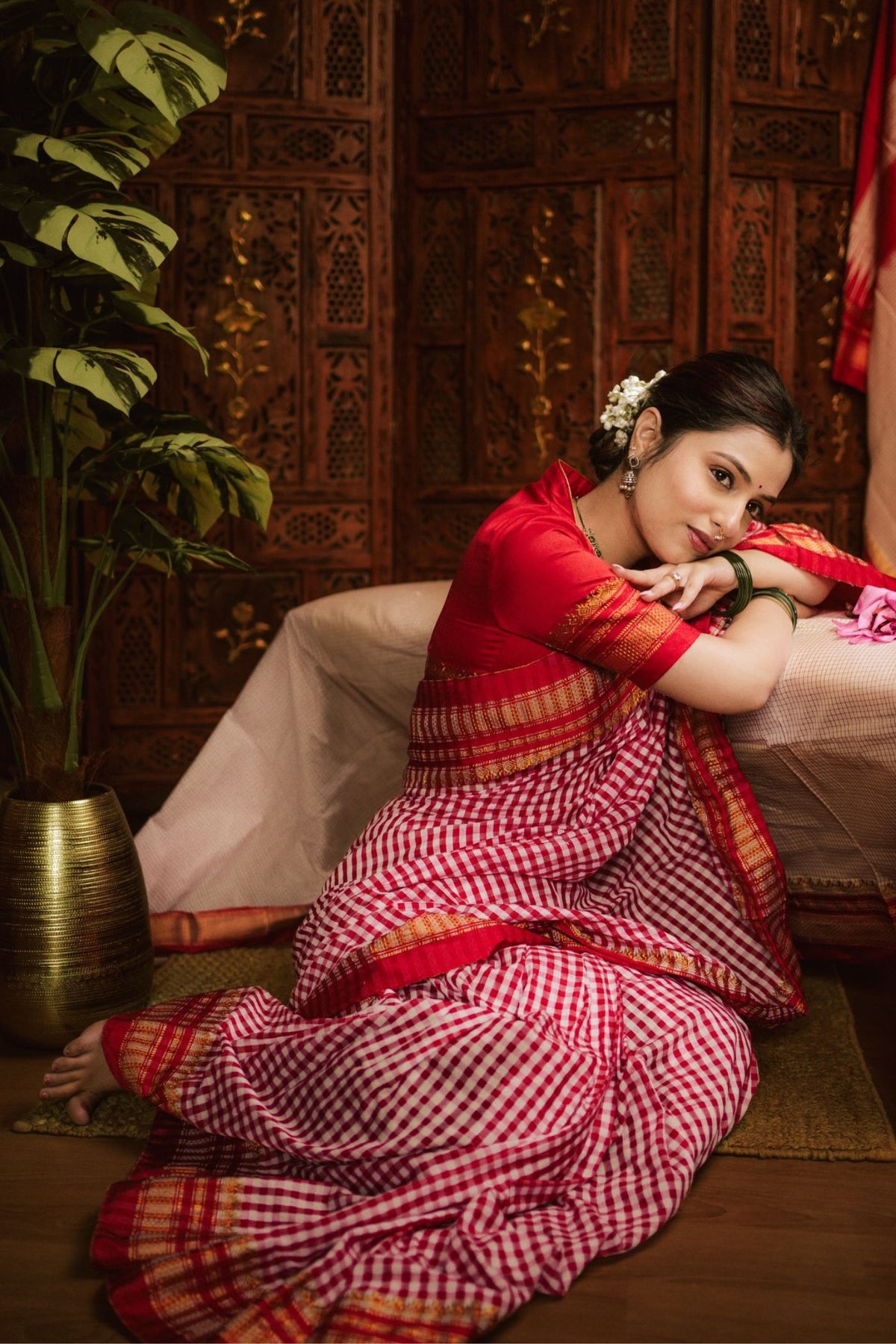Buy MySilkLove Scarlet Red Checks Pattern Pure Silk Irkal Saree Online