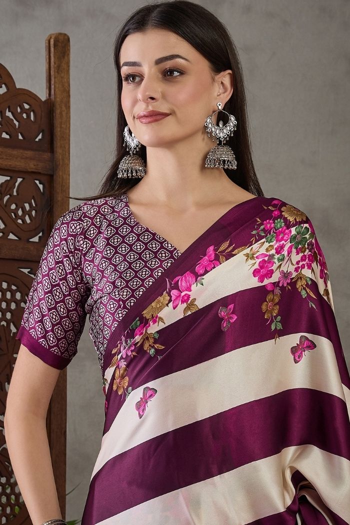 MySilkLove Cosmic Purple Stripe Printed Floral Satin Gaji Silk Saree