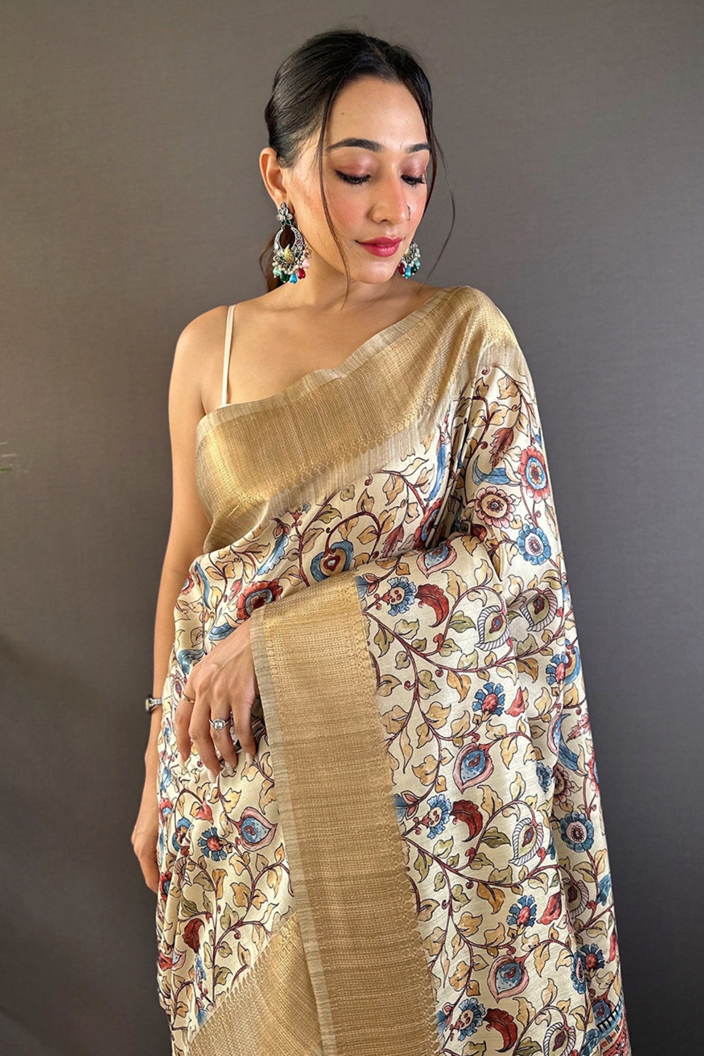 Buy MySilkLove Twine Cream and Grey Printed Tussar Silk Saree Online