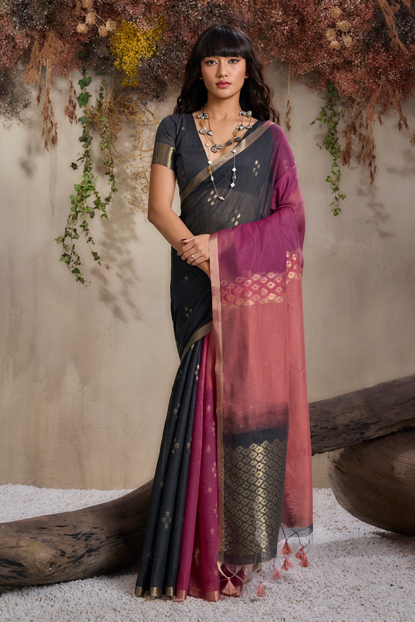 Buy MySilkLove Alchemy Black and Pink Handloom Cotton Saree Online