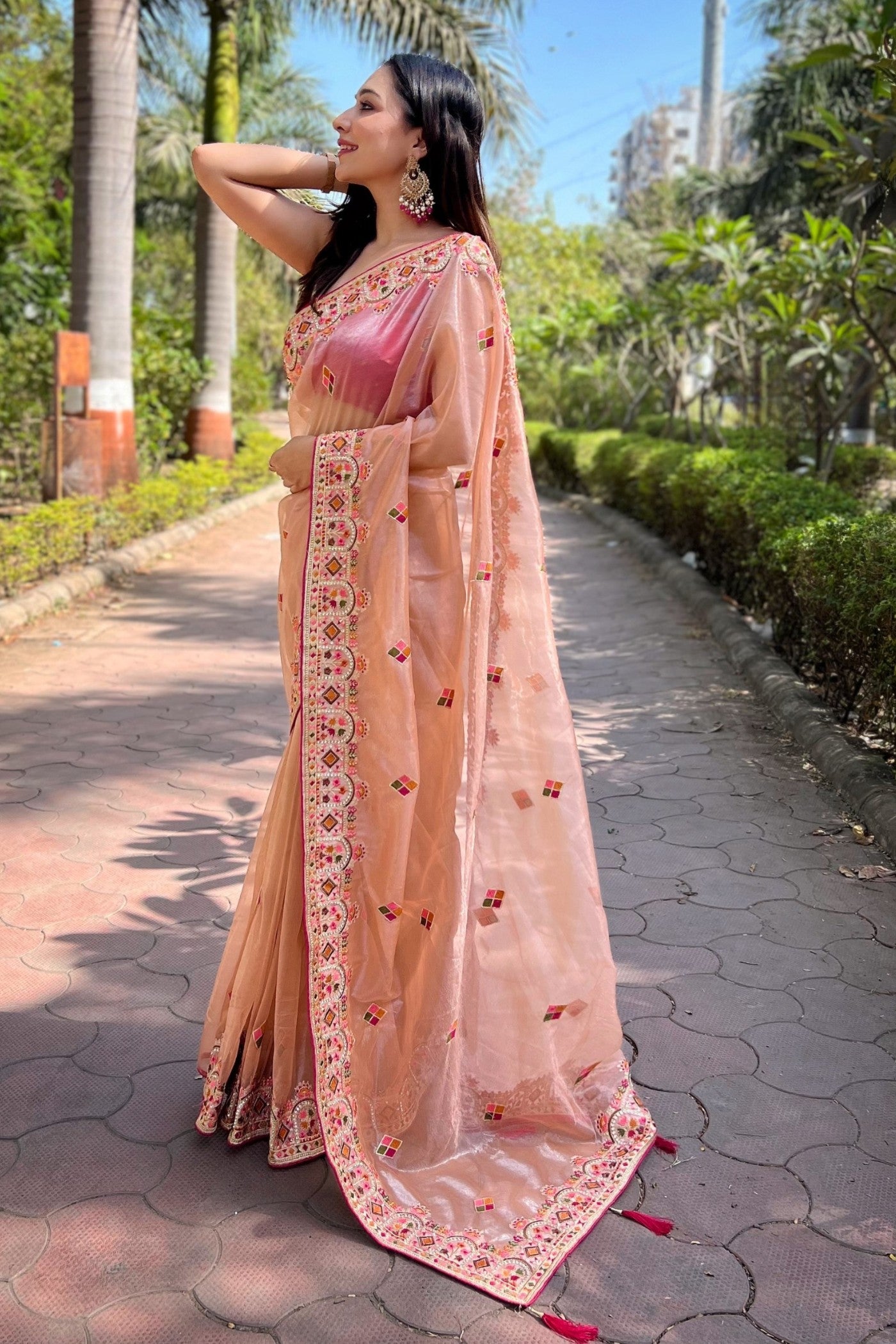 Buy MySilkLove Rose Peach Embroidered Tissue Silk Saree Online