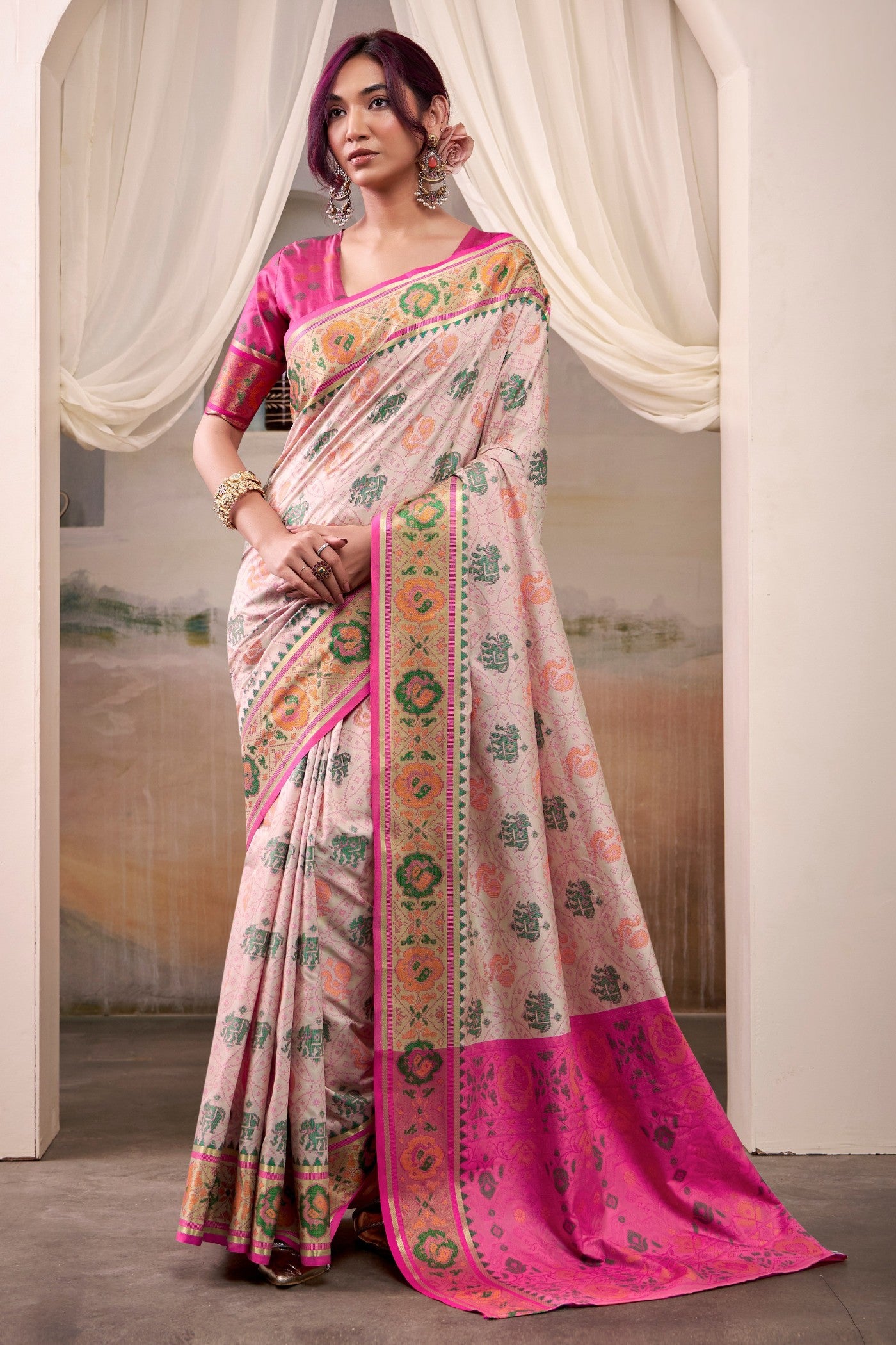 Buy MySilkLove Daisy Cream Woven Patola Silk Saree Online