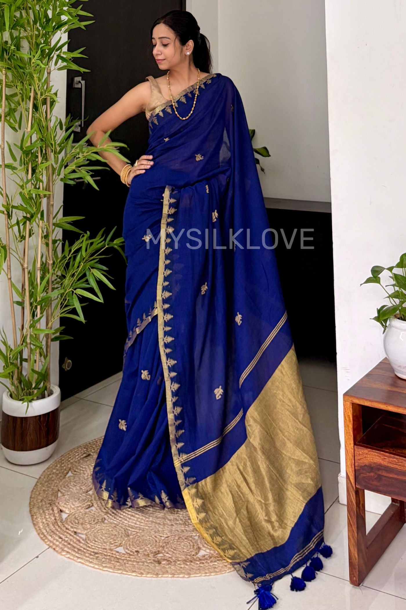 Buy MySilkLove Capri Blue Mul Mul Cotton Zari Woven Saree Without Blouse Online