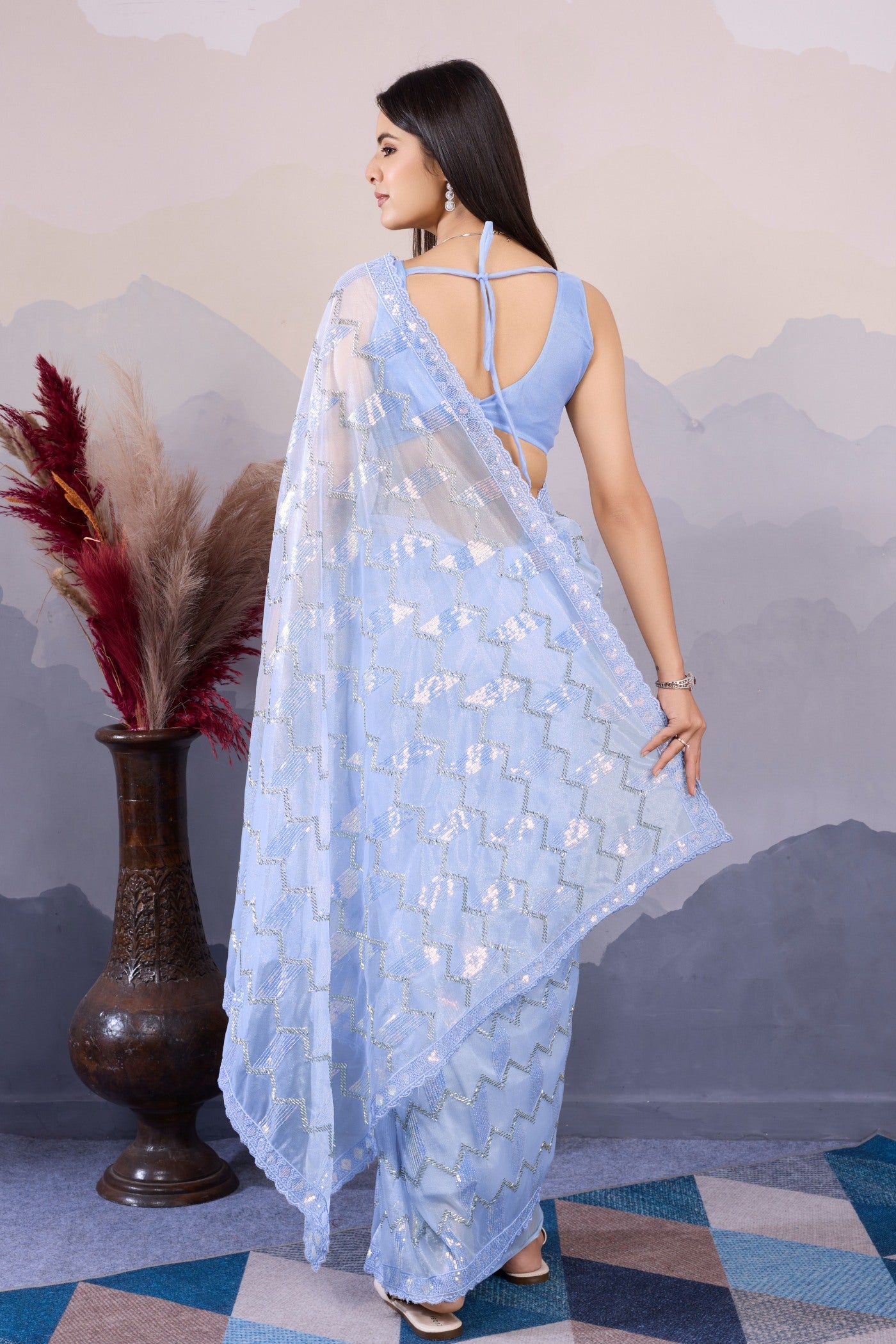 Buy MySilkLove Clematis Blue Designer Partywear Saree Online