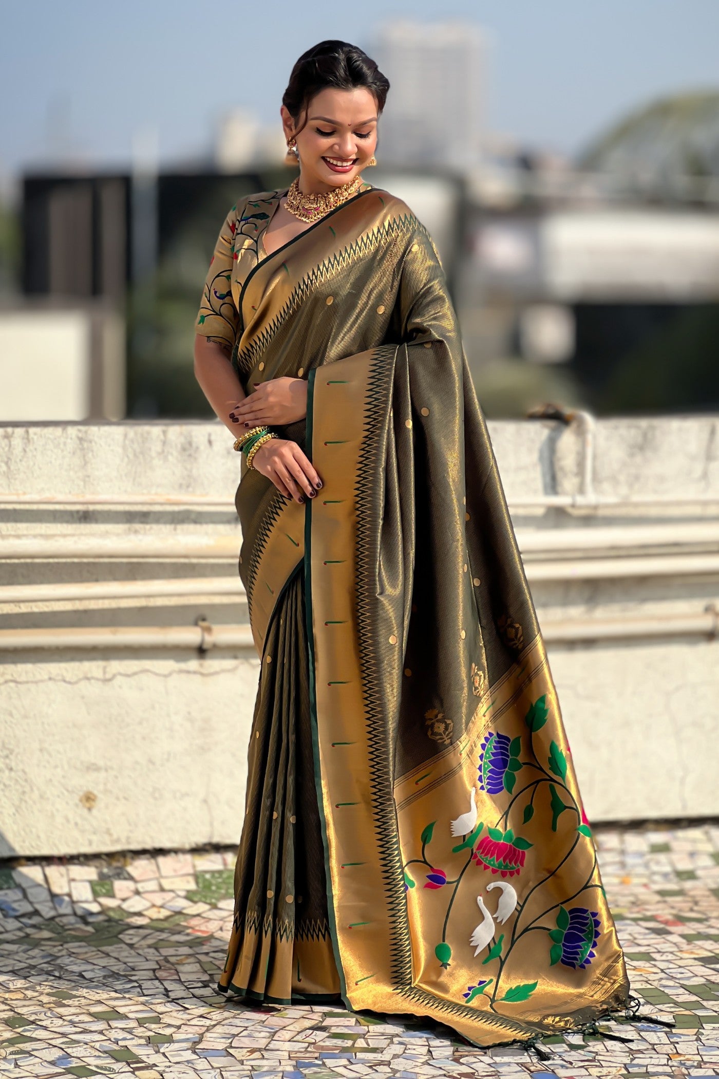 Buy MySilkLove Chartreuse Green Woven Tissue Paithani Saree Online