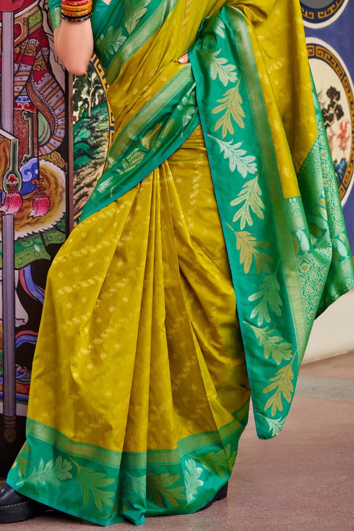 Buy MySilkLove Hot Toddy Yellow and Green Banarasi Soft Silk Saree Online