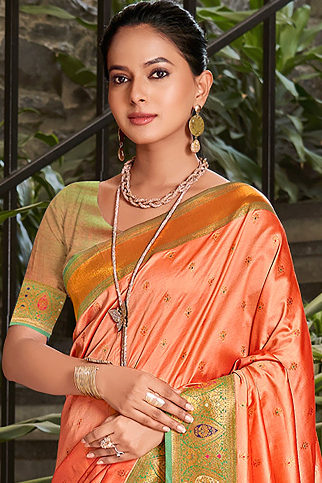 MySilkLove Coral Orange Woven Banarasi Saree