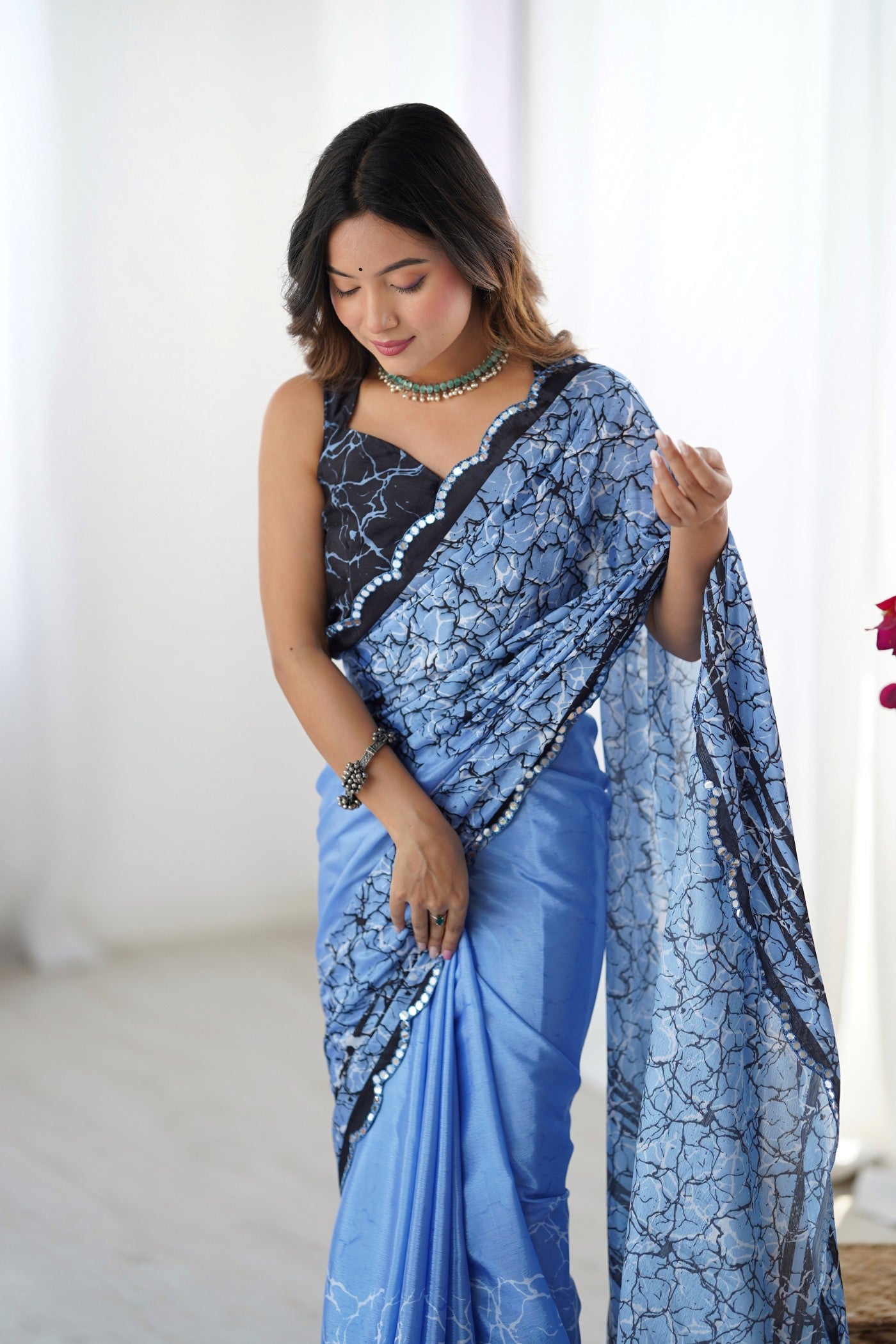 Buy MySilkLove Columbus Blue Chinon Partywear Saree Online