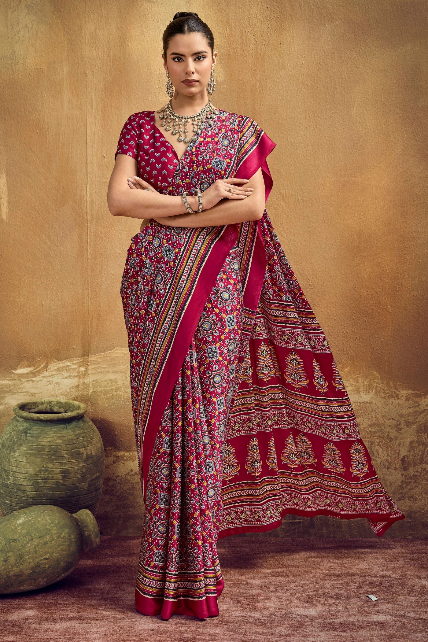 Buy MySilkLove Angare Maroon Modal Ajrakh Satin Printed Silk Saree Online
