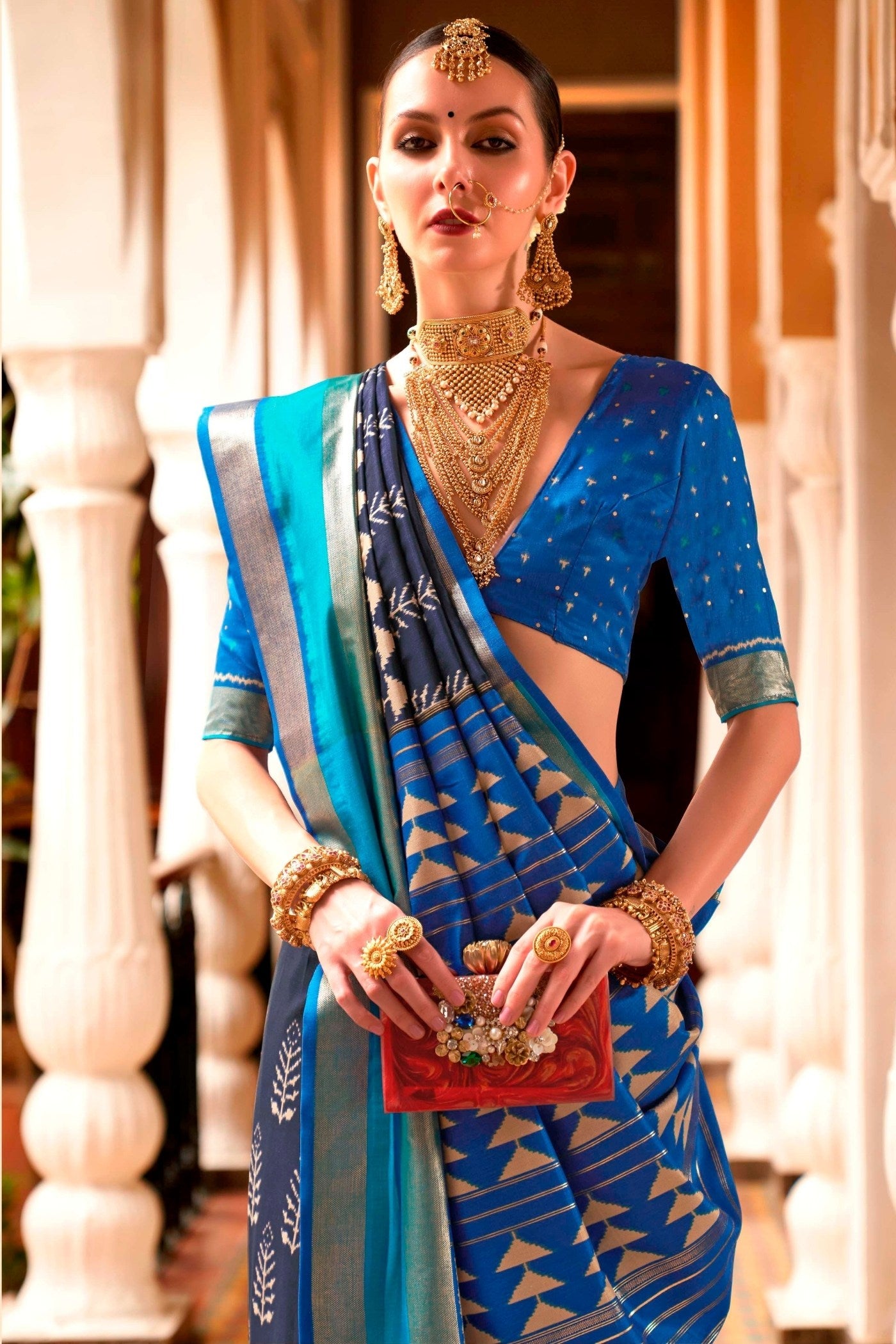 MySilkLove Prussian Blue Printed Patola Saree