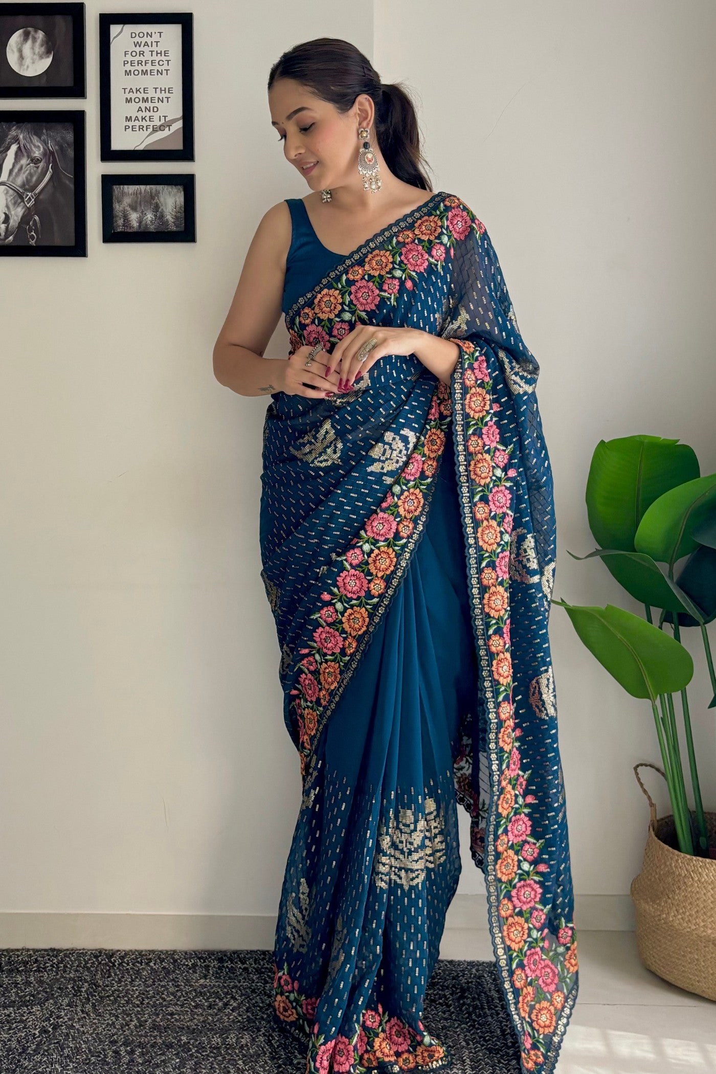 Buy MySilkLove Teal Blue Embroidery Designer Georgette Saree Online