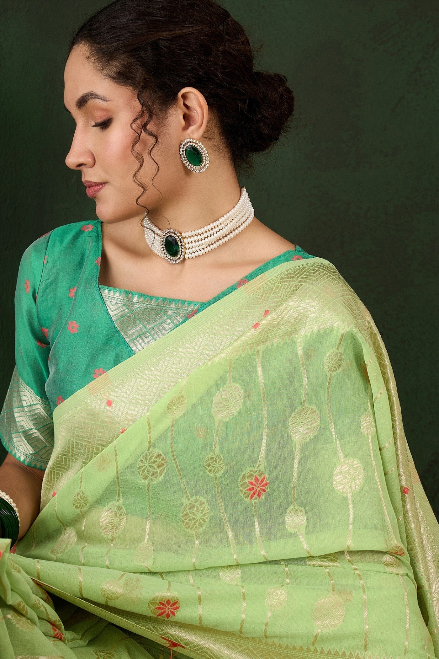 Buy MySilkLove Pistachio Green Woven Cotton Saree Online