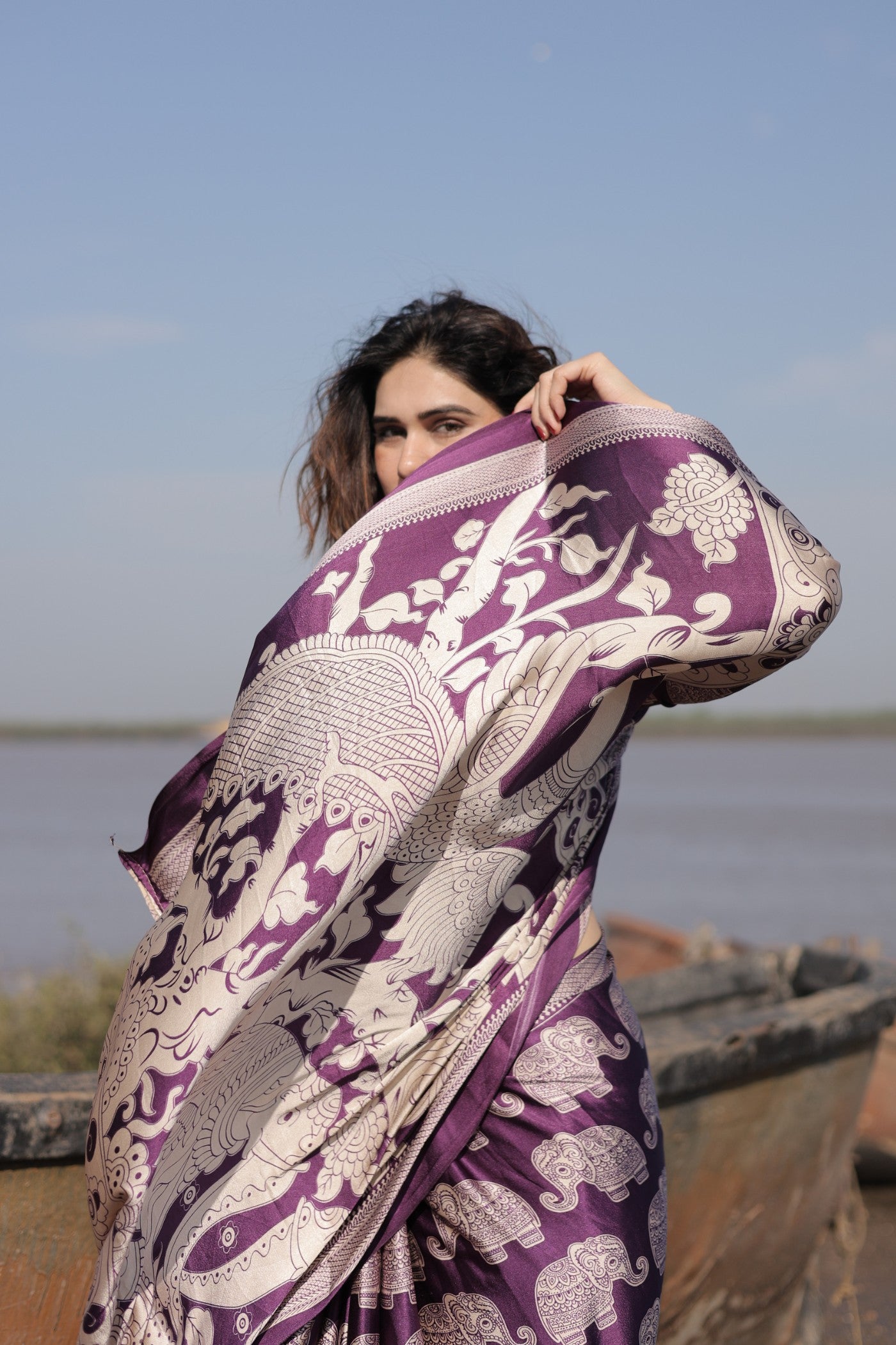 Buy MySilkLove Haze Purple Ajrakh Printed Satin Crepe Silk Saree Online