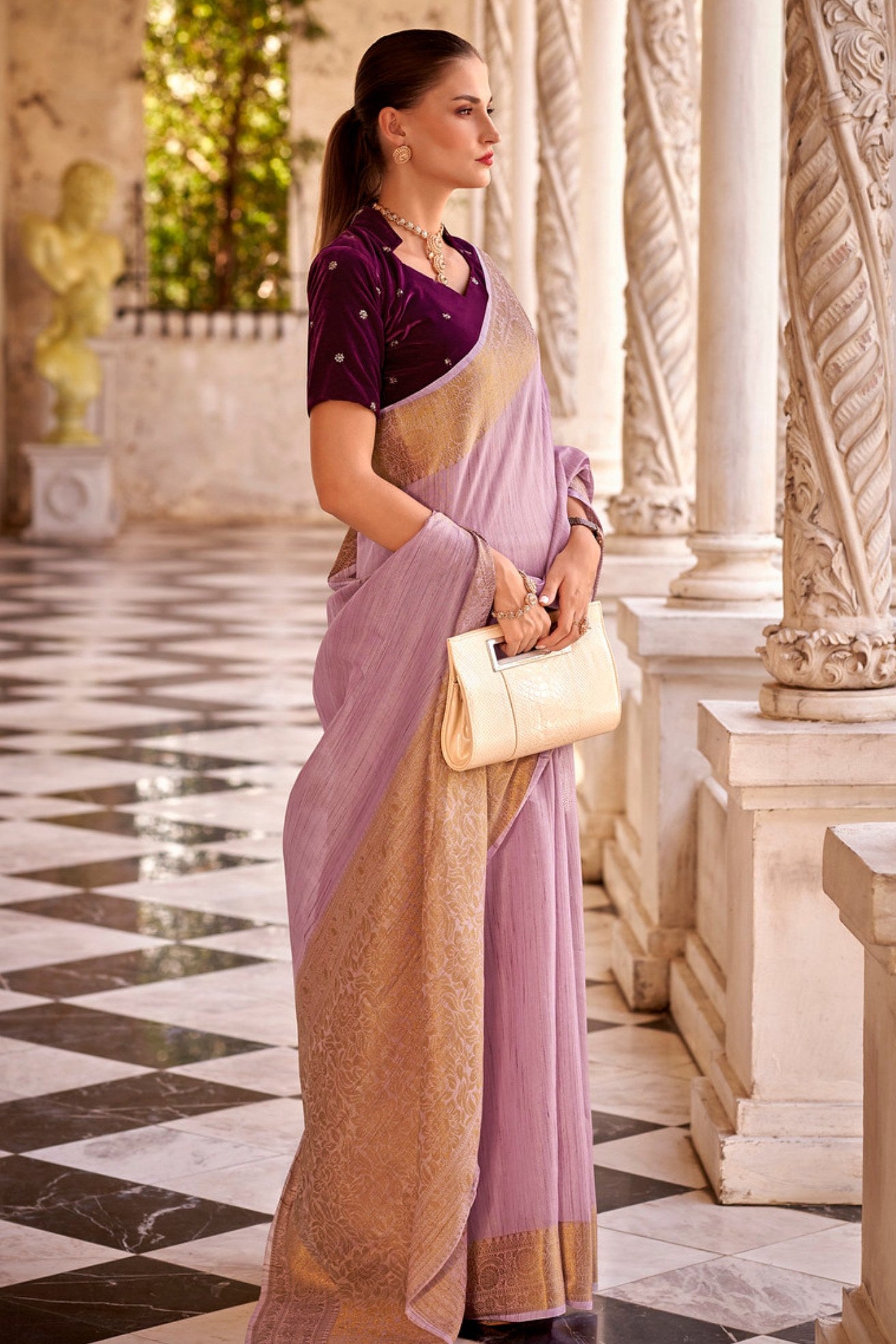 Buy MySilkLove Turkish Rose Purple Zari Woven Linen Saree Online