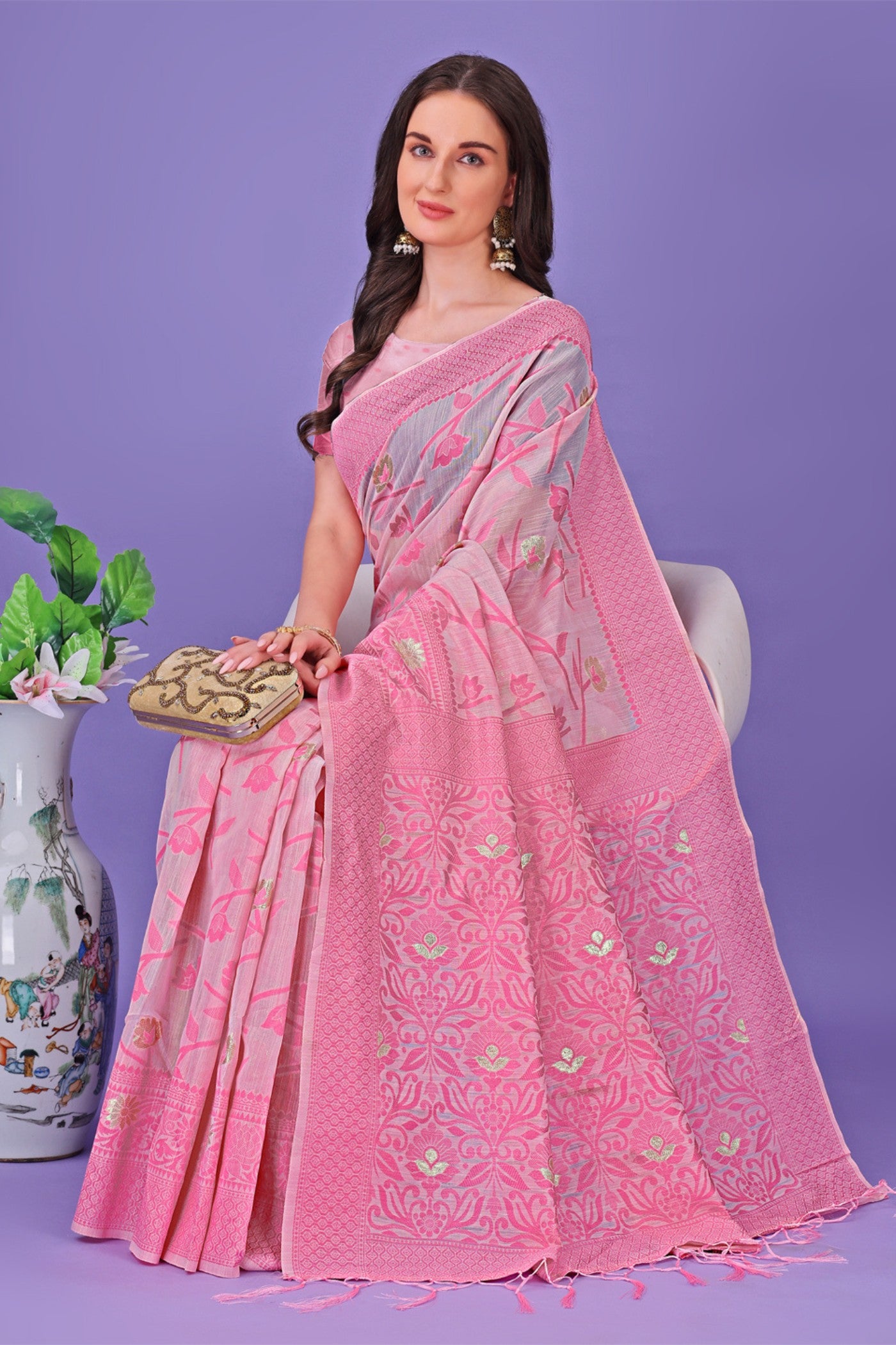 MySilkLove Baby Pink Linen Cotton Saree