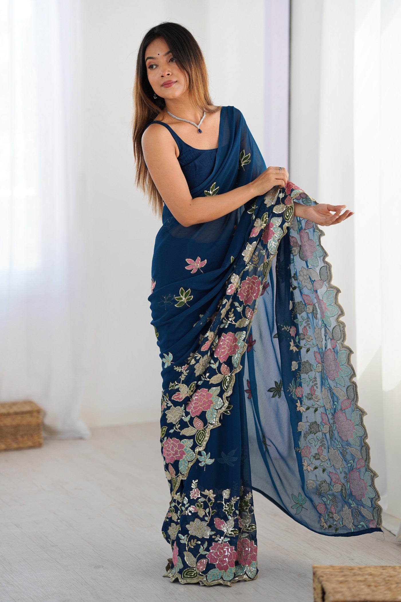 Buy MySilkLove Resolution Blue Georgette Partwaer Saree Online