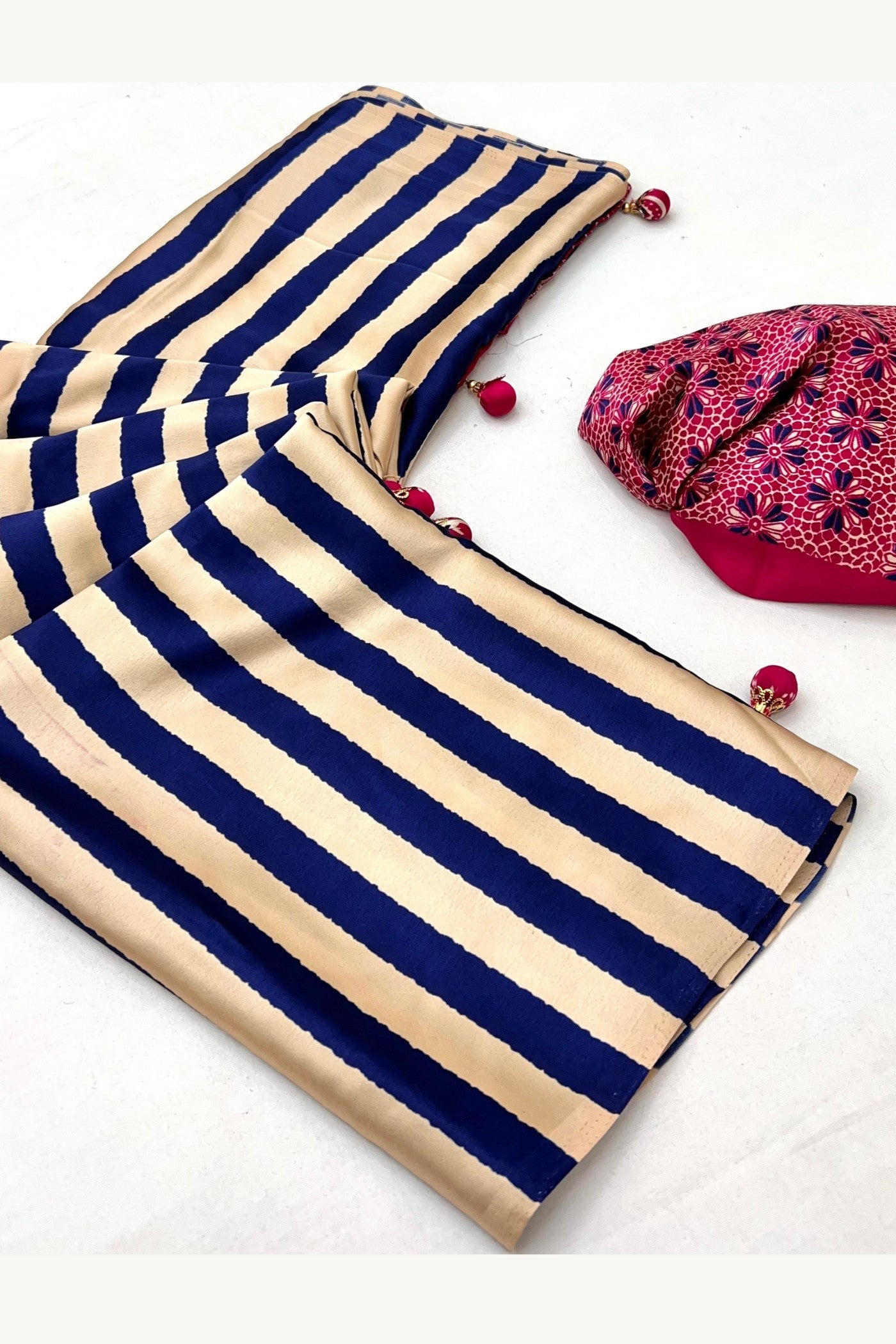 Buy MySilkLove Tuft Blue Stripe Ajrakh Printed Satin Gaji Silk Saree Online