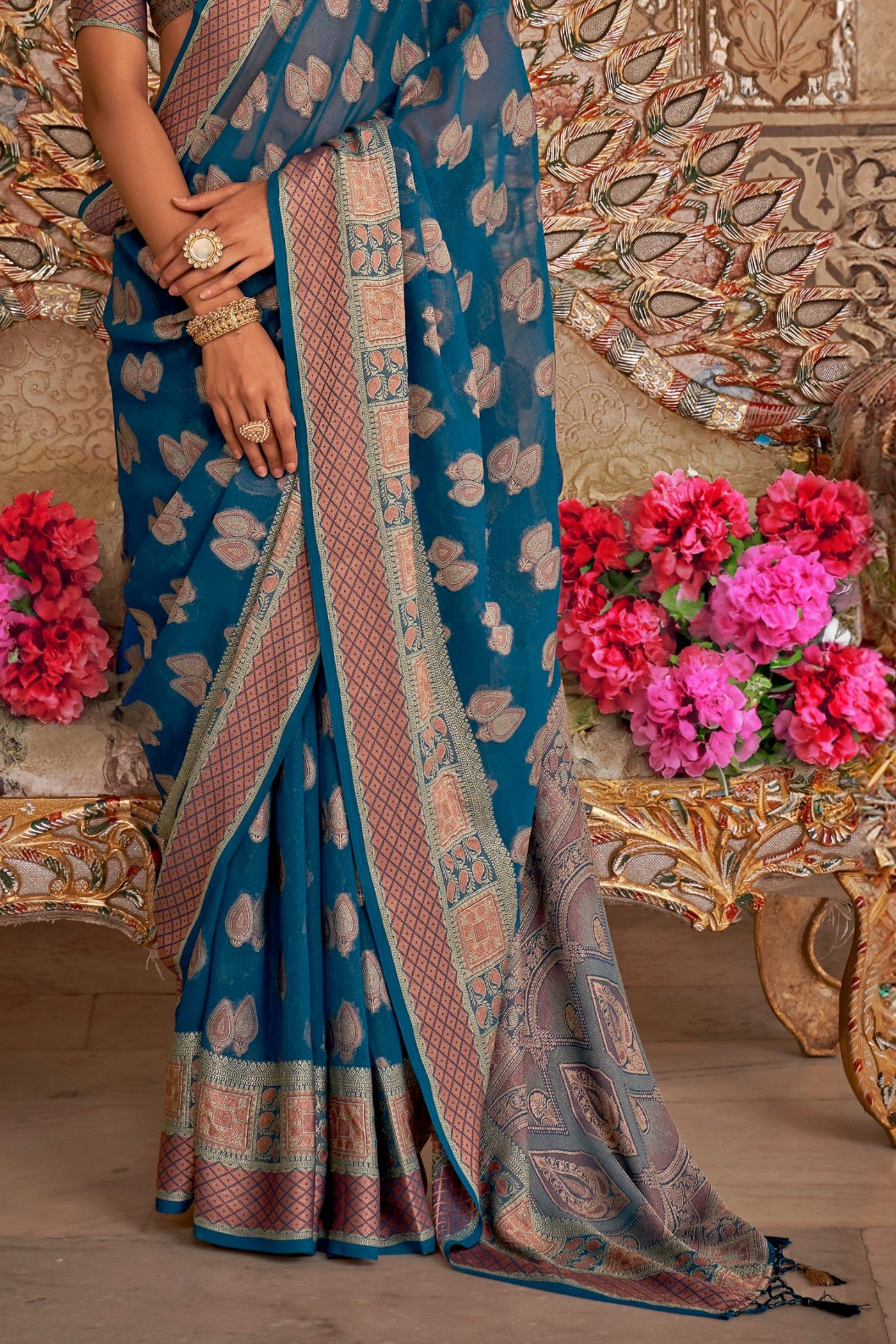 Buy MySilkLove Cobalt Blue Zari Woven Georgette Saree Online