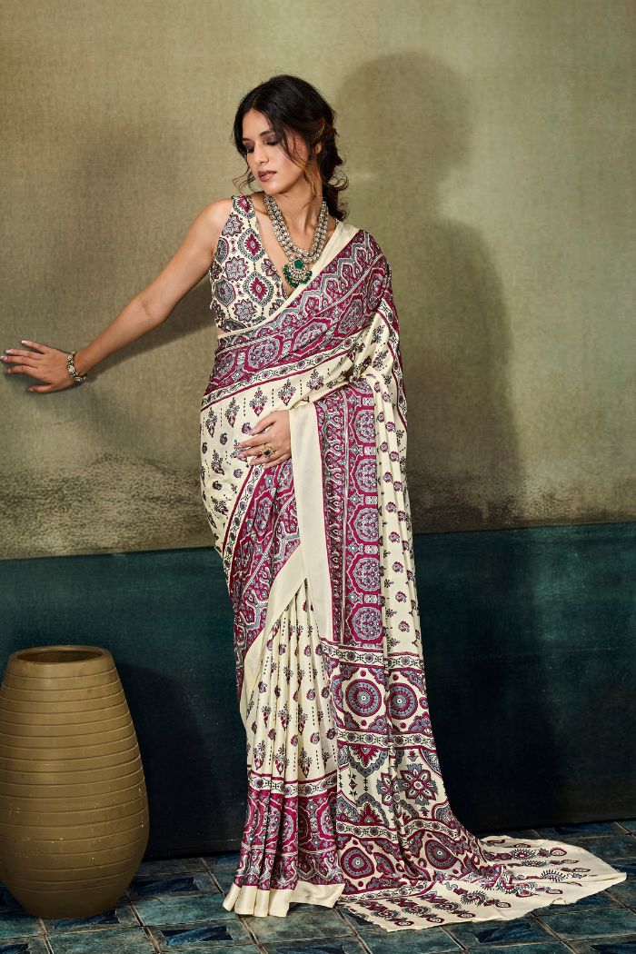 Buy MySilkLove Windsor Cream Modal Ajrakh Satin Printed Silk Saree Online