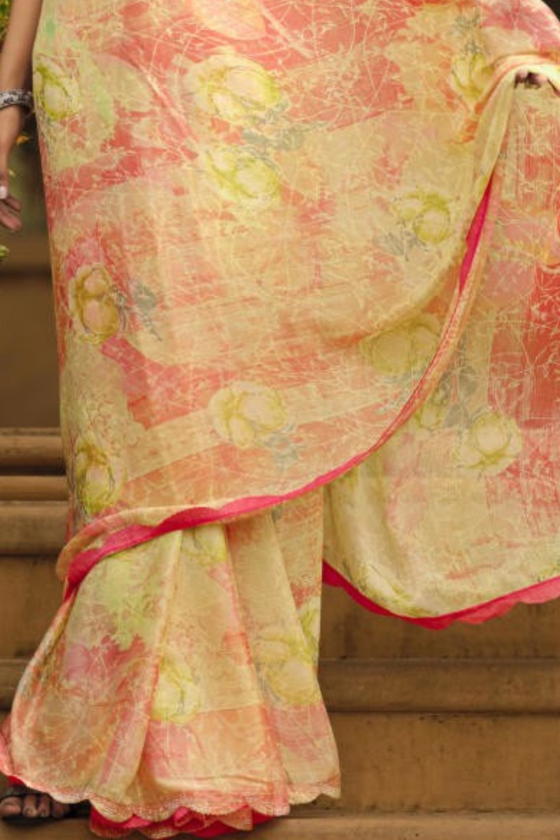 Buy MySilkLove Corvette Yellow and Pink Barasso Printed Saree Online