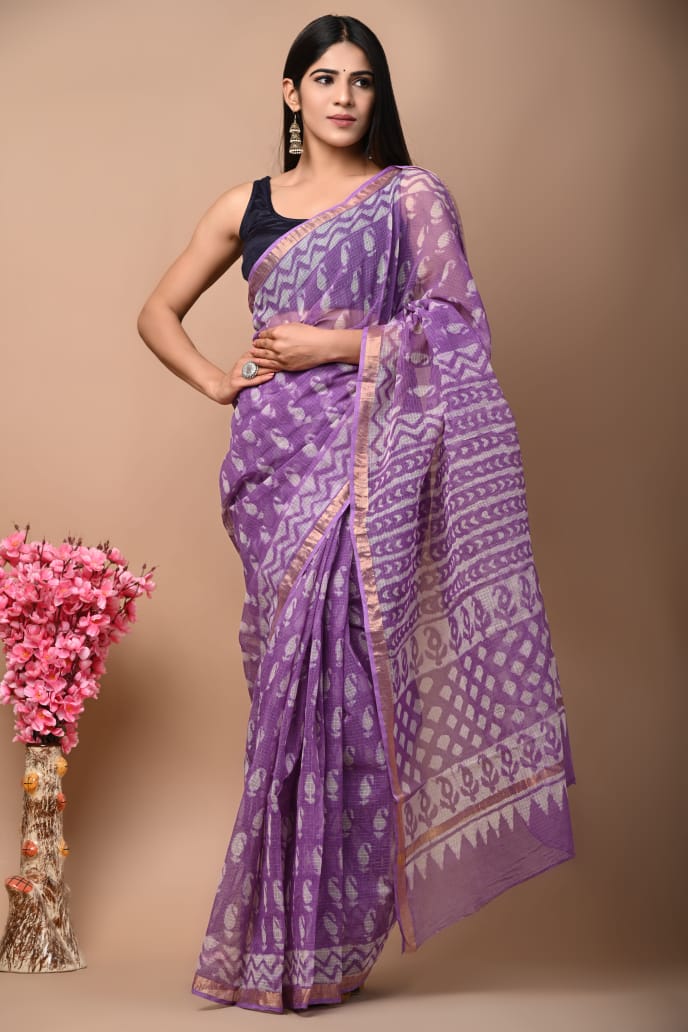 Buy MySilkLove Trendy Purple Handblock Kota Doriya Saree Online