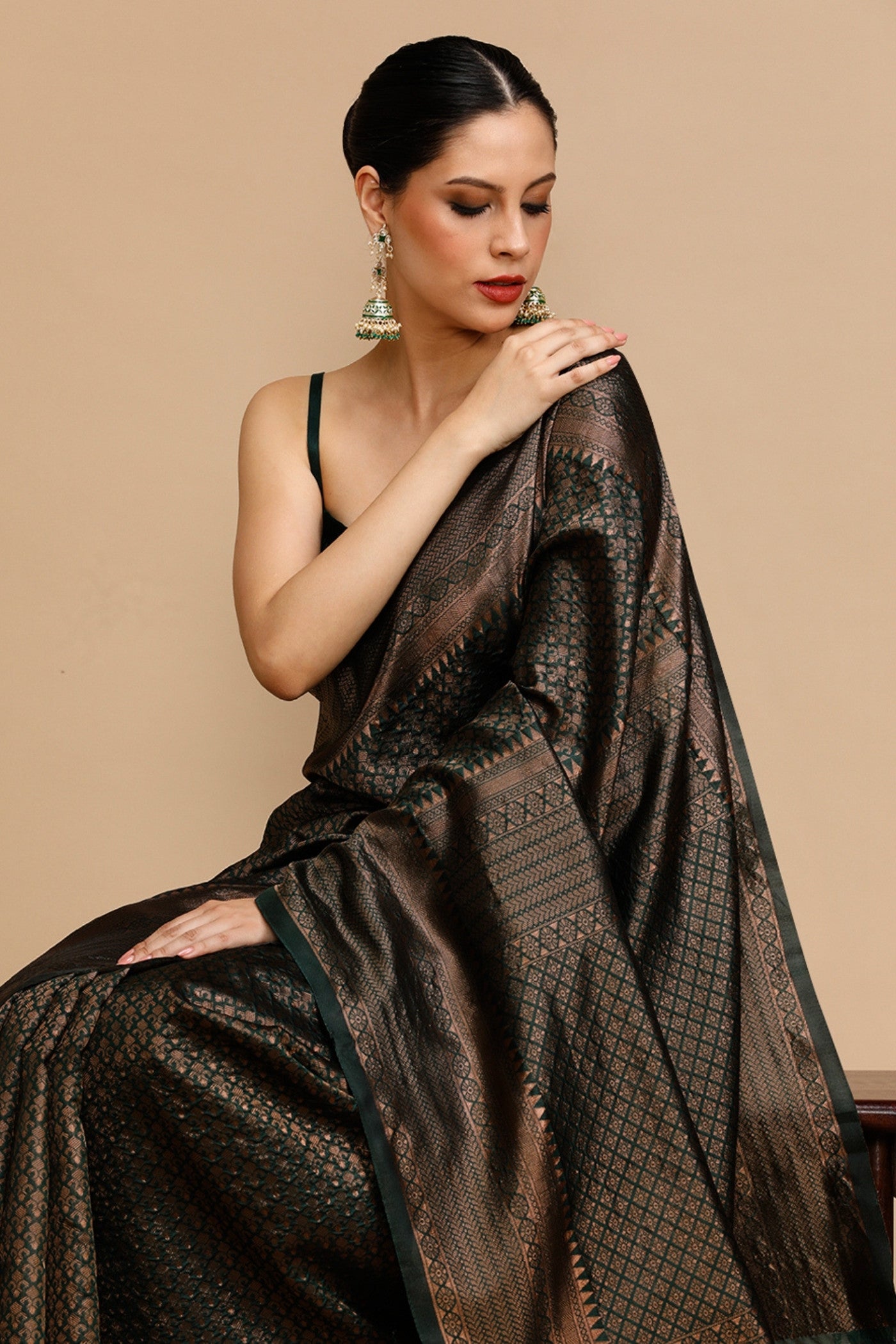 MySilkLove Juniper Green Woven Jacquard Lichi Silk Saree