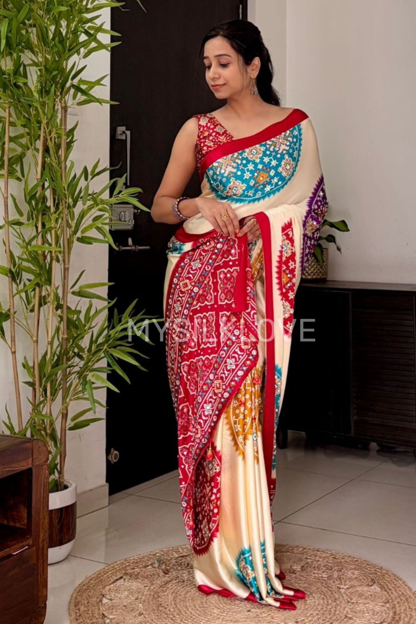 Buy MySilkLove Biscuit Cream and Red Modal Ajrakh Satin Printed Mirror Work Saree Online