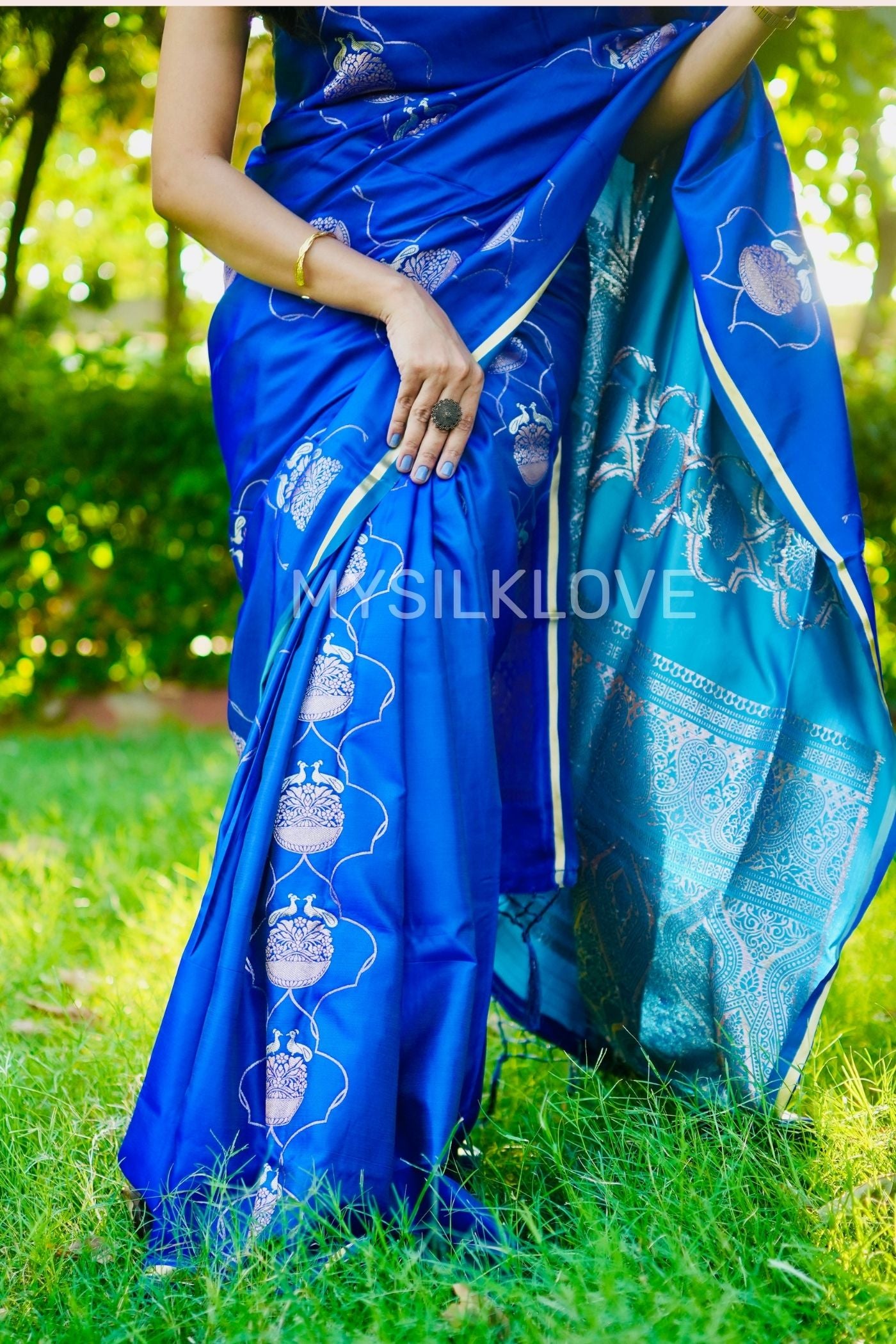 Buy MySilkLove Royal Blue Handloom Satin Silk Saree Online