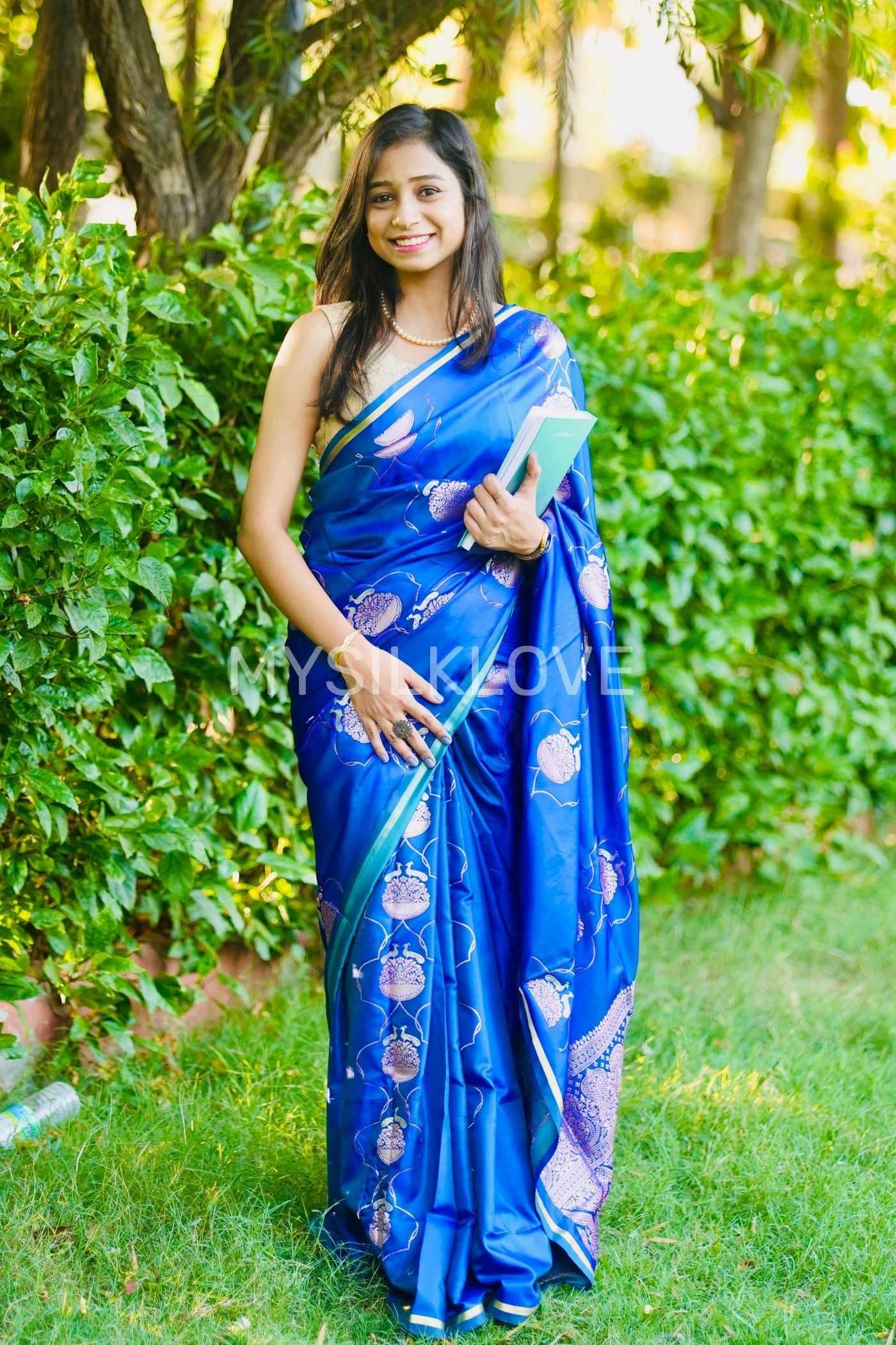 Buy MySilkLove Royal Blue Handloom Satin Silk Saree Online