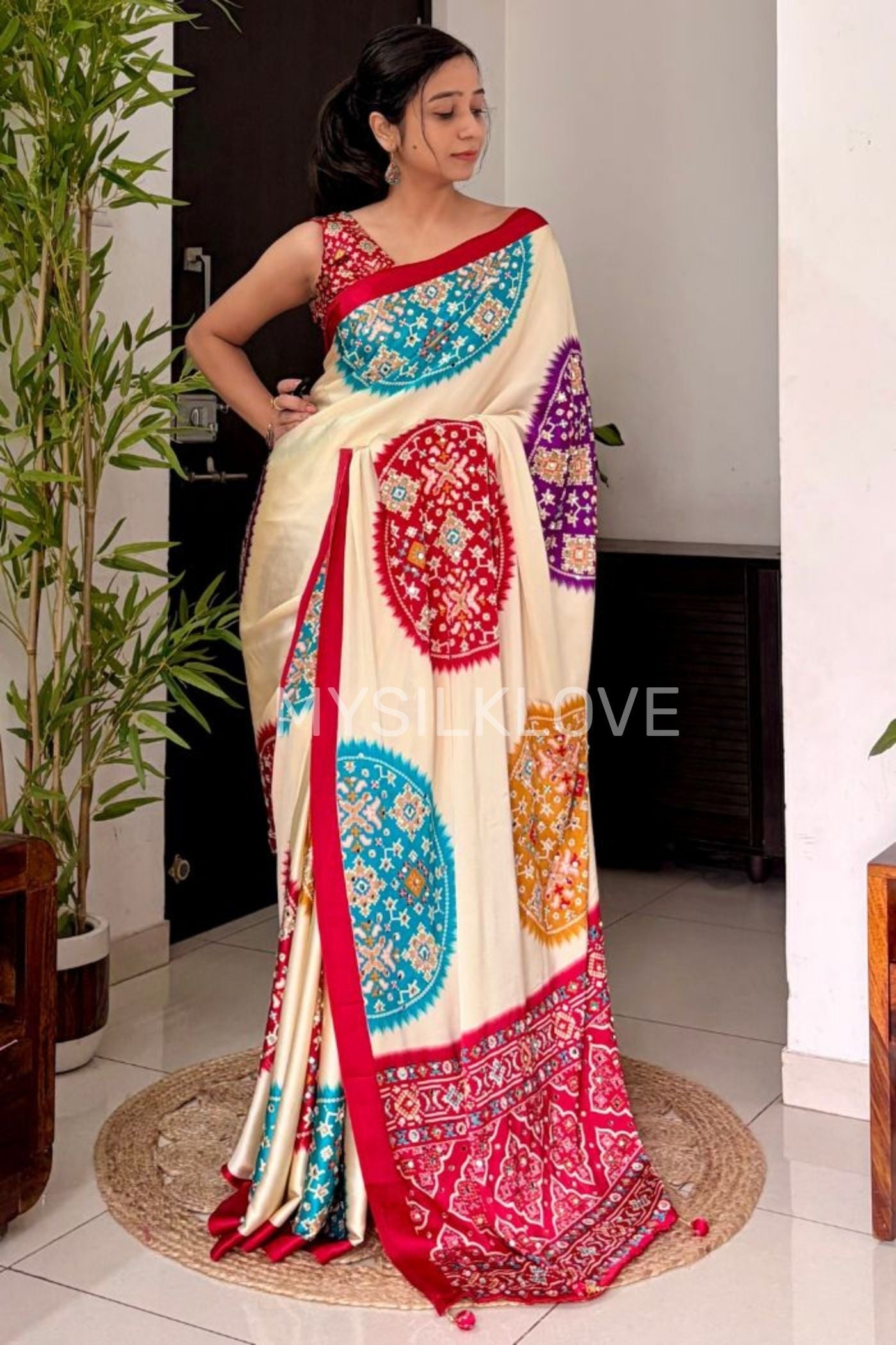 MySilkLove Biscuit Cream and Red Modal Ajrakh Satin Printed Mirror Work Saree