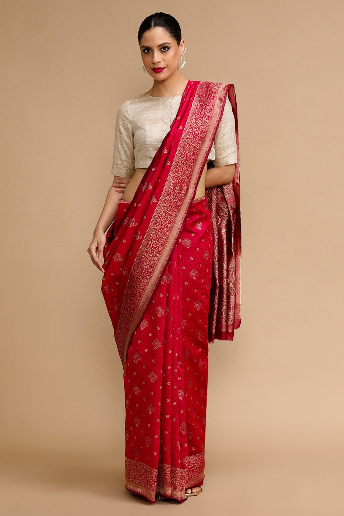 Buy MySilkLove Red Rose Woven Jacquard Lichi Silk Saree Online