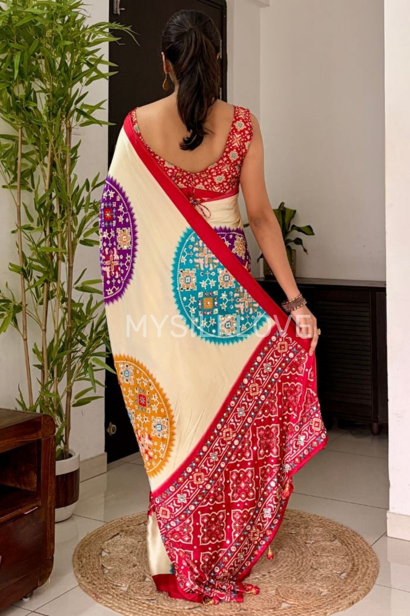 Buy MySilkLove Biscuit Cream and Red Modal Ajrakh Satin Printed Mirror Work Saree Online