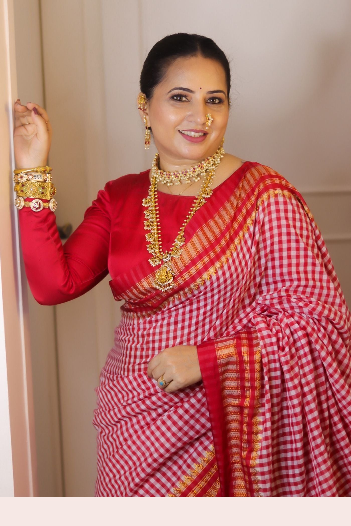 Buy MySilkLove Cherry Red Checks Pattern Pure Silk Irkal Saree Online