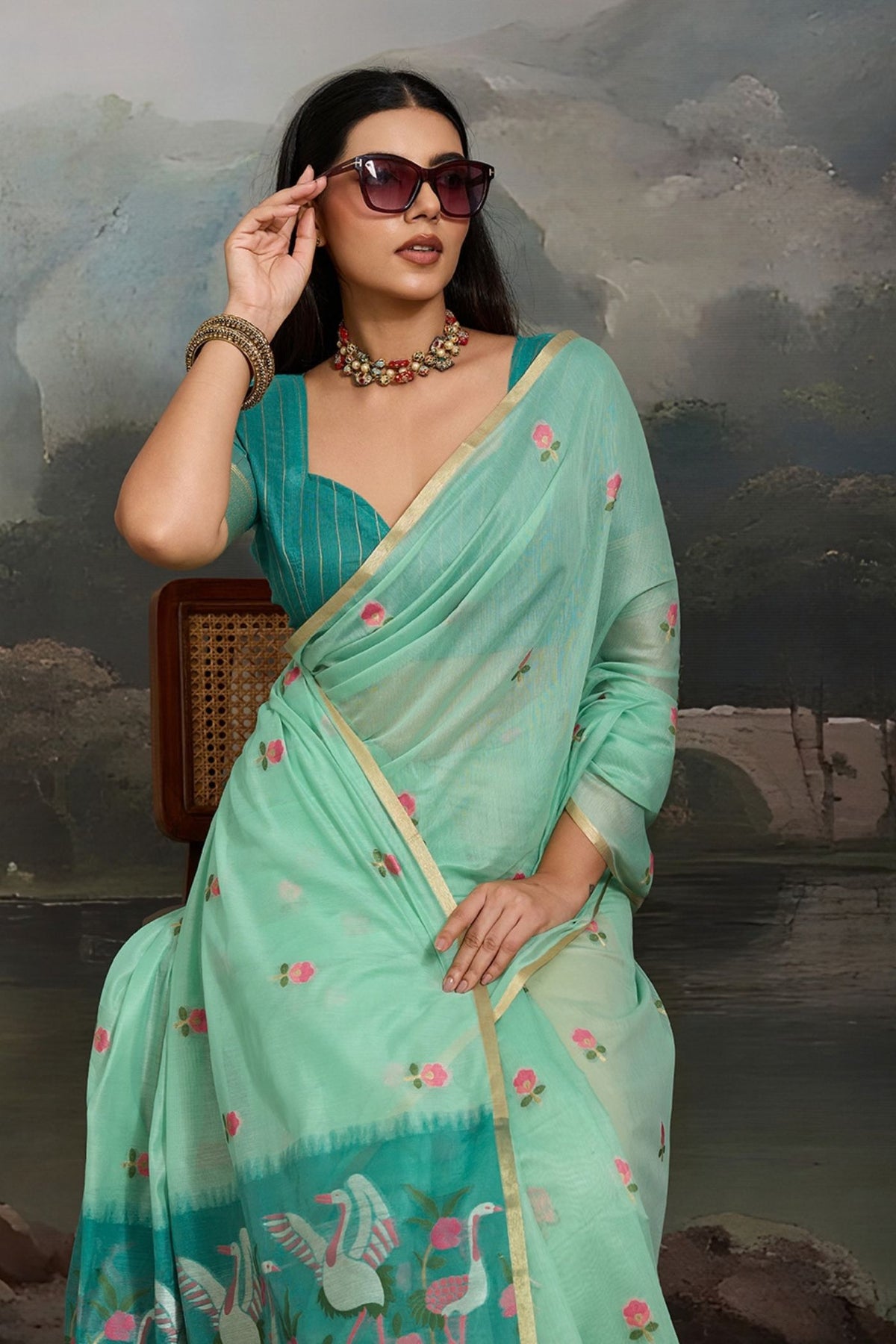 MySilkLove Gardenia Green Cotton Handloom Swan Saree