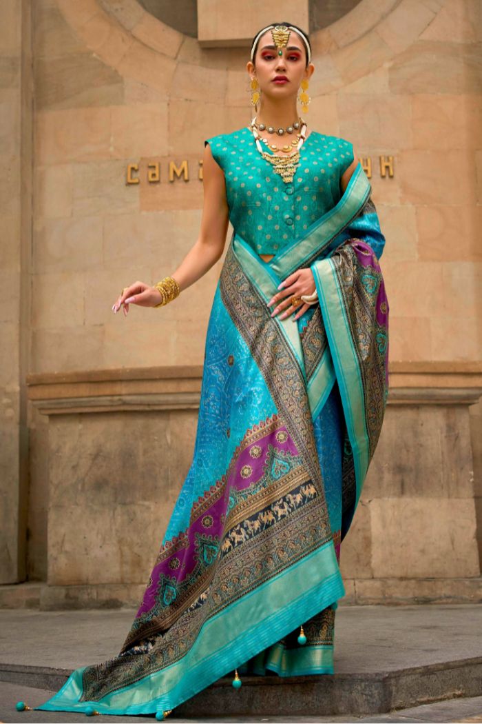 Buy MySilkLove Eastern Blue Printed Patola Saree Online