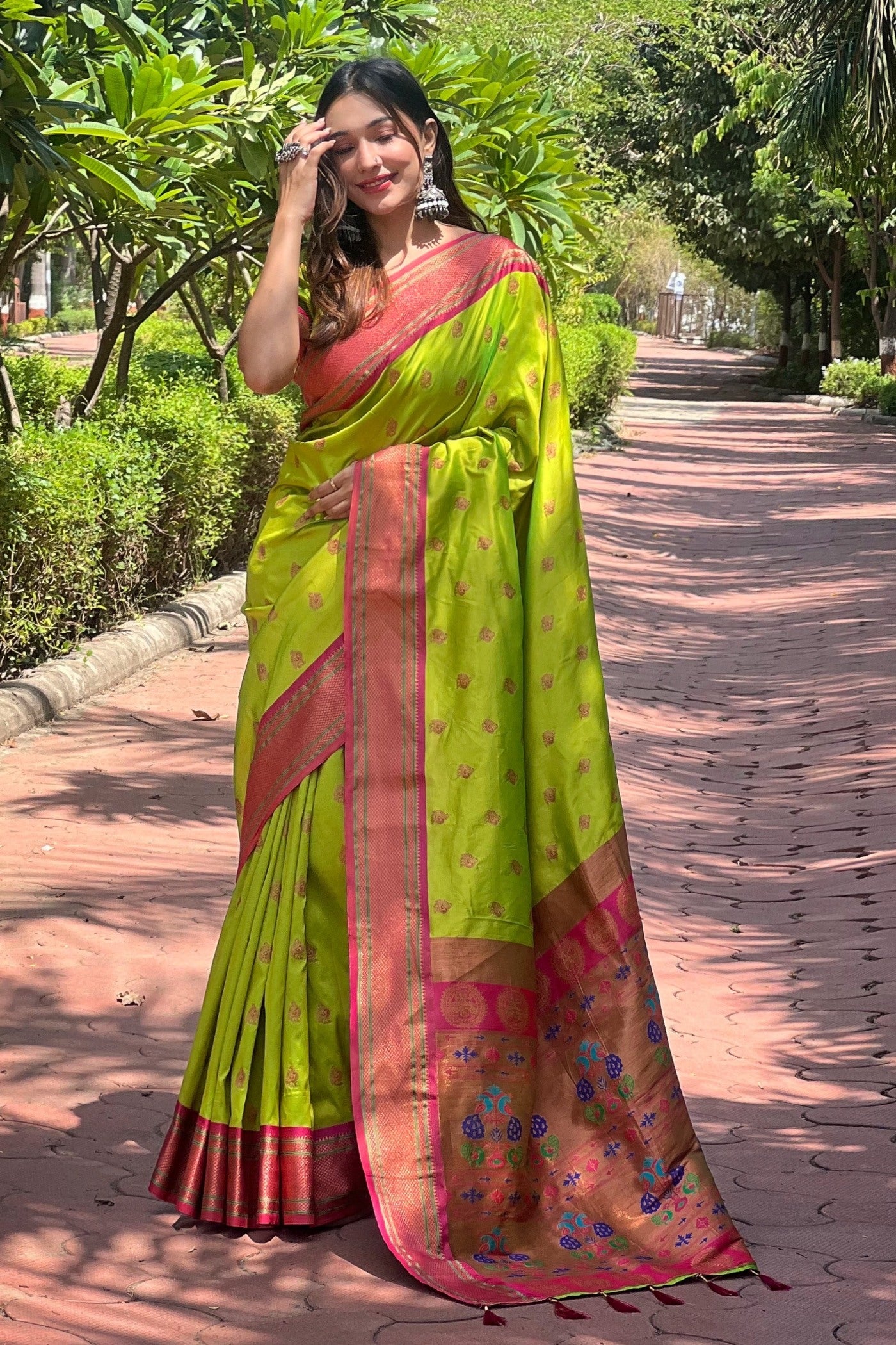 Buy MySilkLove Citron Green Woven Paithani Saree Online