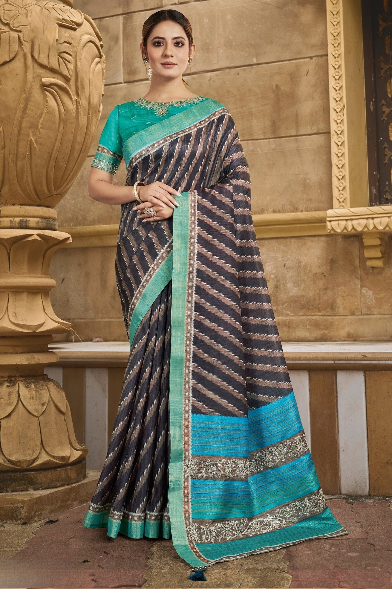 Buy MySilkLove Hemp Black and Blue Banarasi Designer Saree Online