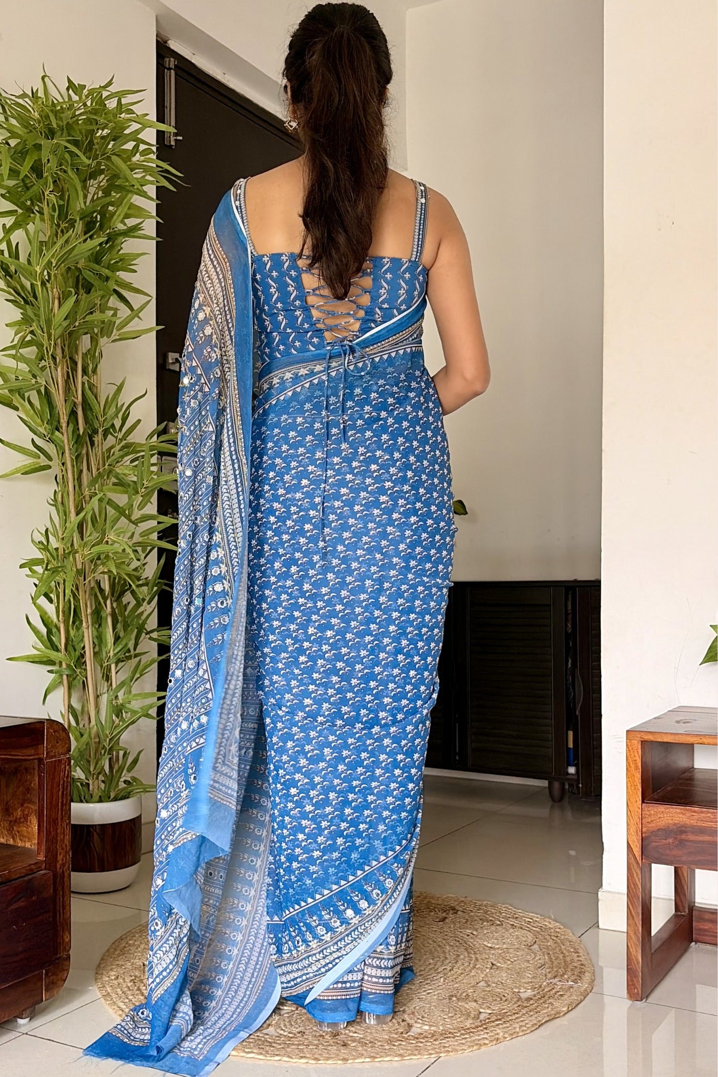 Buy MySilkLove Calypso Blue Ajrakh Georgette Printed Mirror Work Saree Online