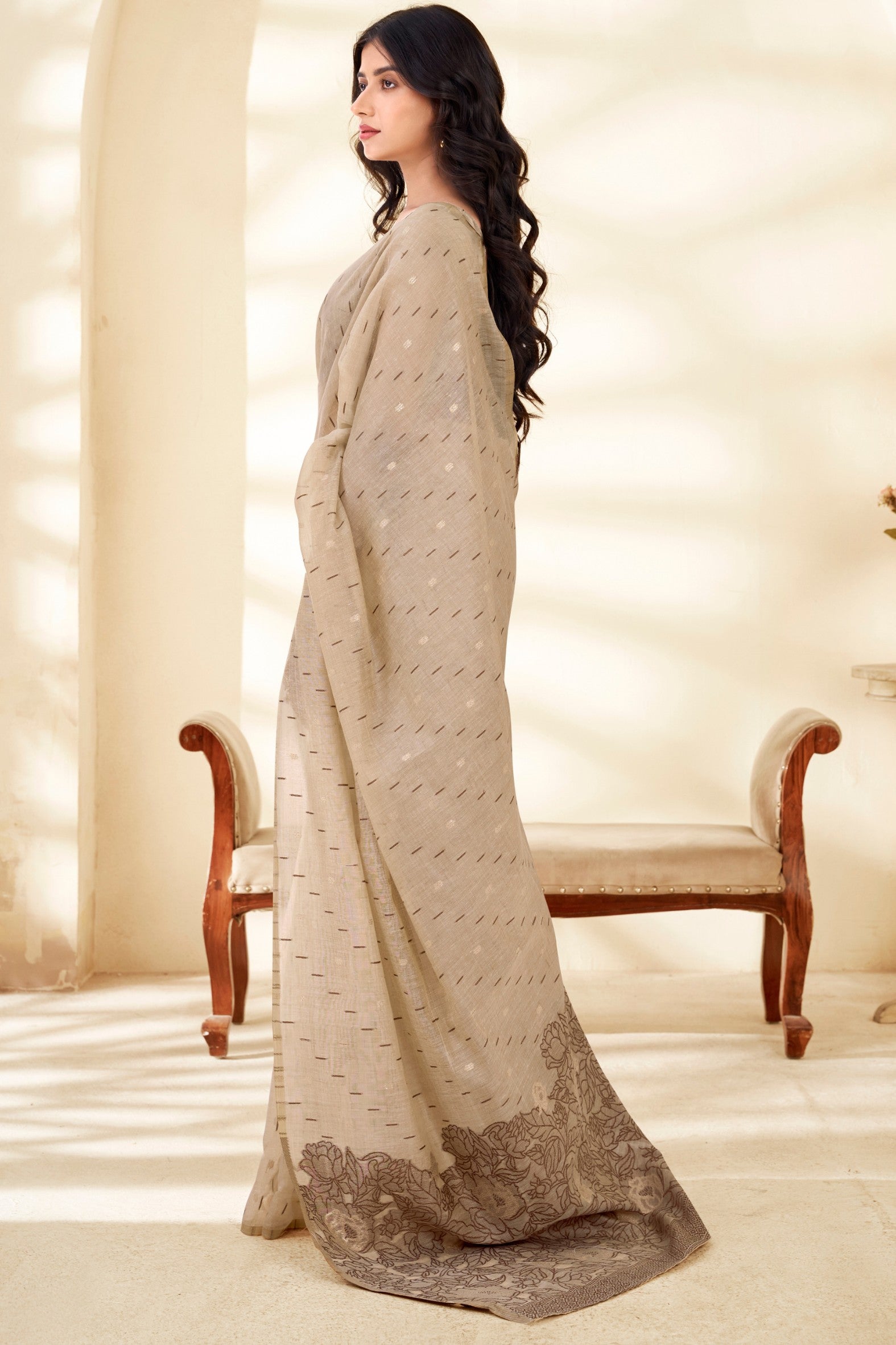 Buy MySilkLove Luxe Cream and Brown Woven Modal Cotton Saree Online
