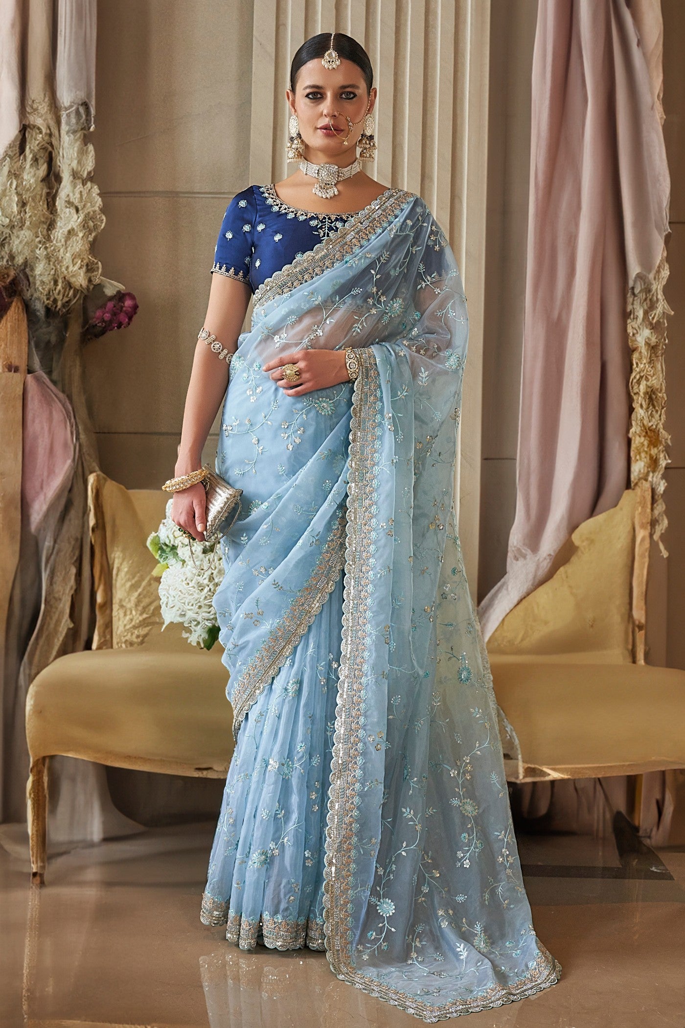 Buy MySilkLove Nepal Blue Tissue Designer Saree Online