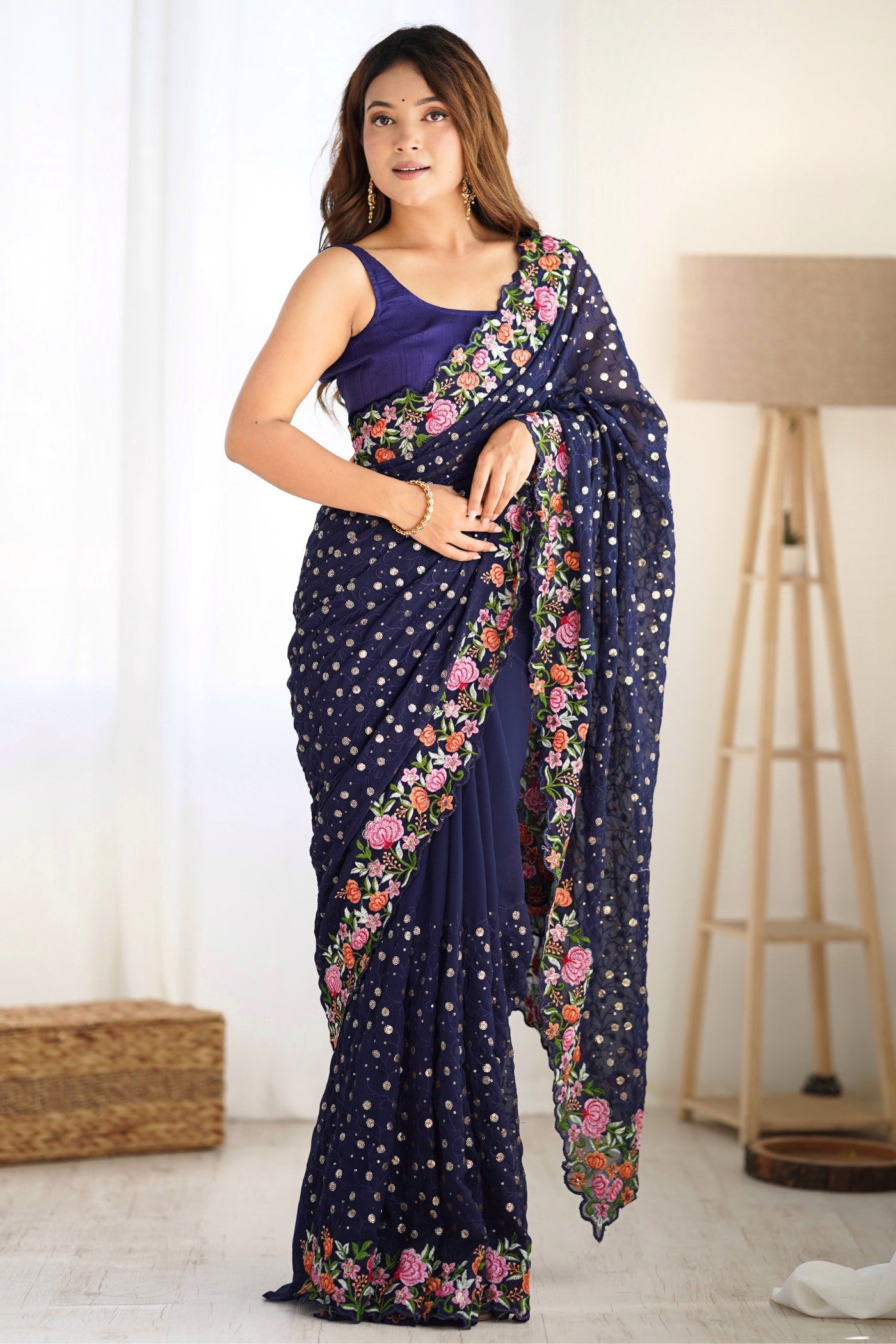 Buy MySilkLove Navy Blue Embroidered Georgette Saree Online