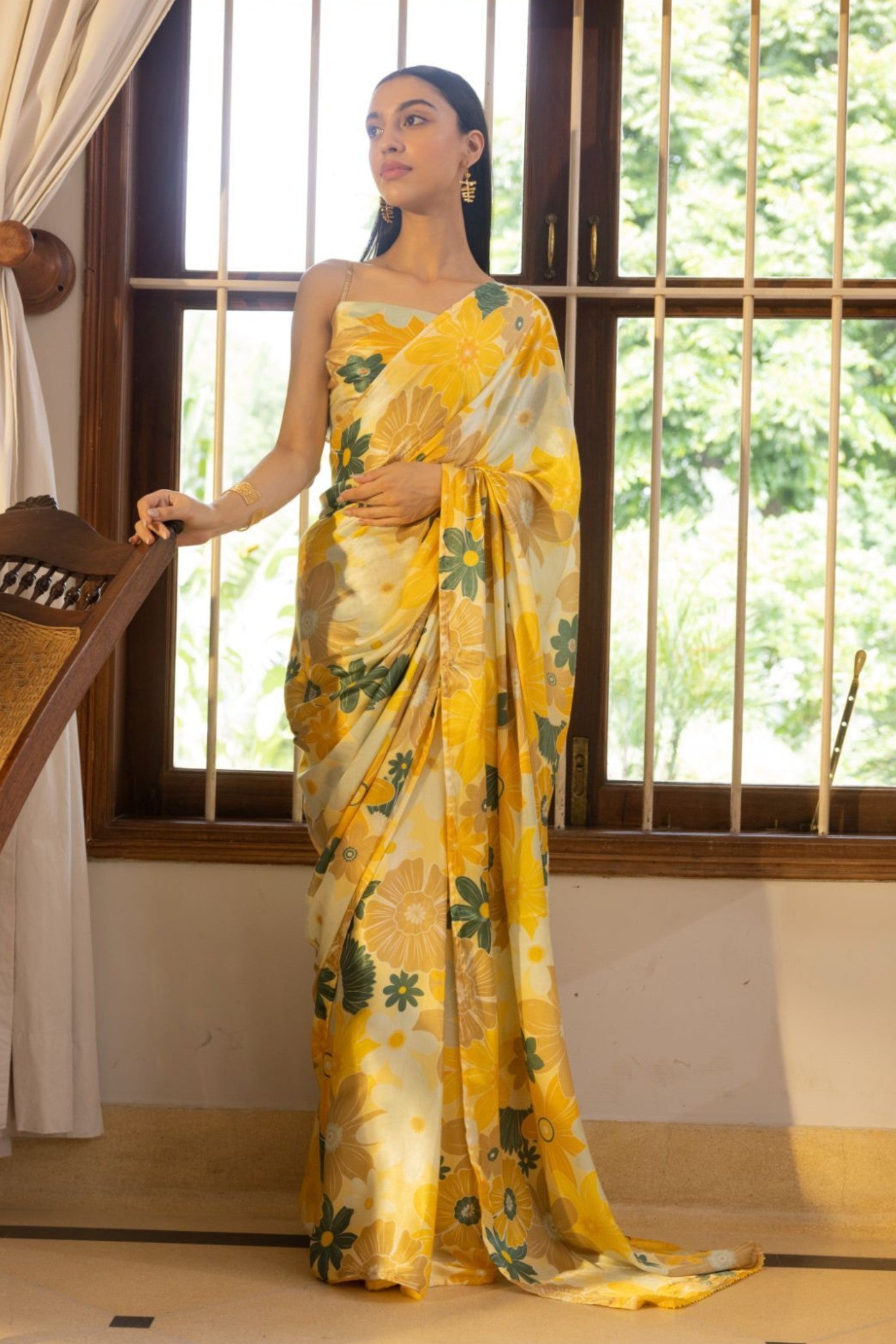 Buy MySilkLove Flaxen Yellow Floral Printed Satin Silk Saree Online