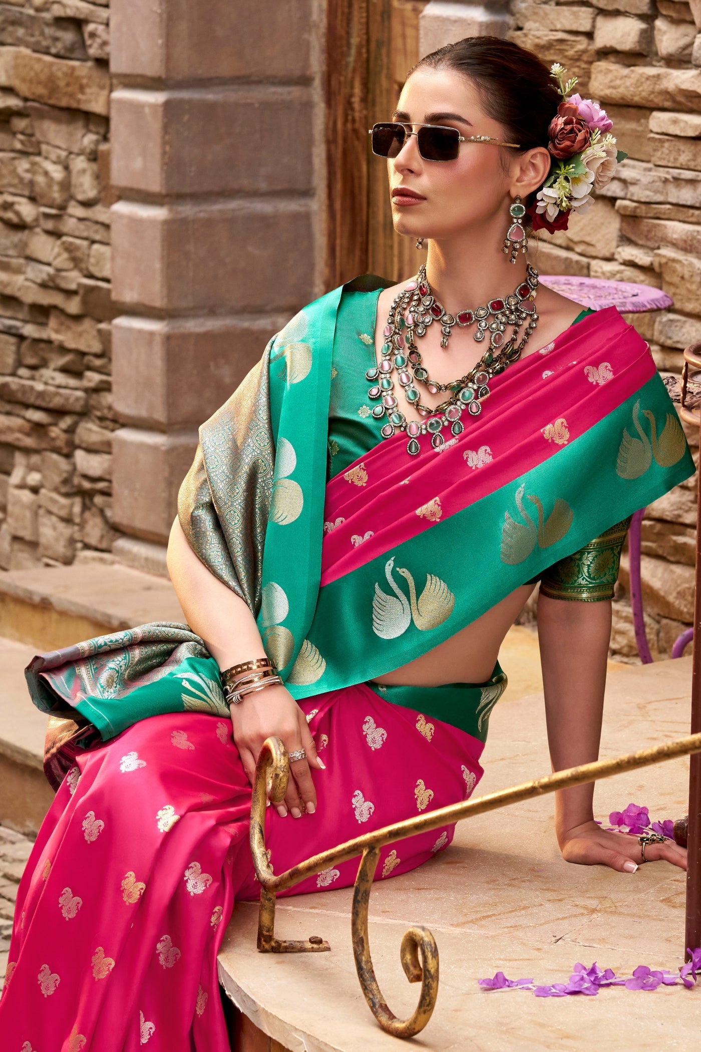 MySilkLove Hot Pink Woven Satin Soft Silk Saree