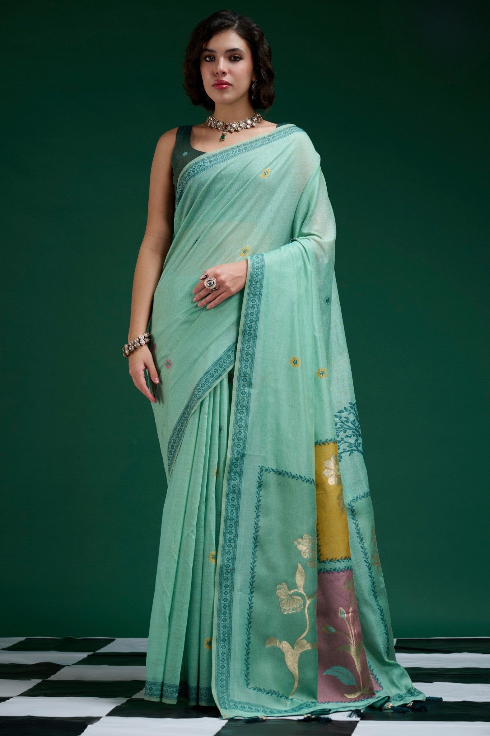 Buy MySilkLove Spring Blue Jamdani Woven Muga Cotton Saree Online