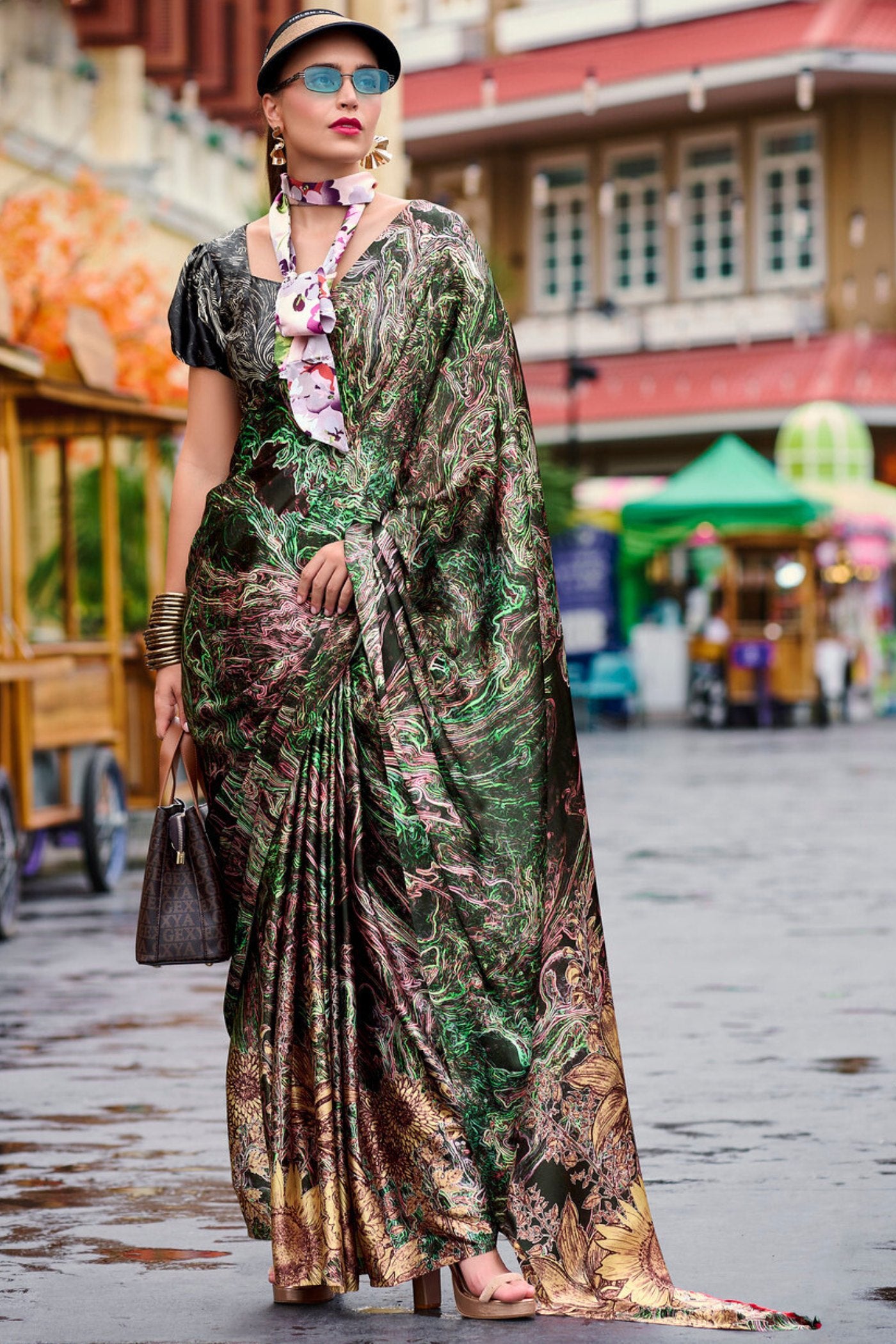 Buy MySilkLove Axolotl Green Printed Satin Crepe Silk Saree Online