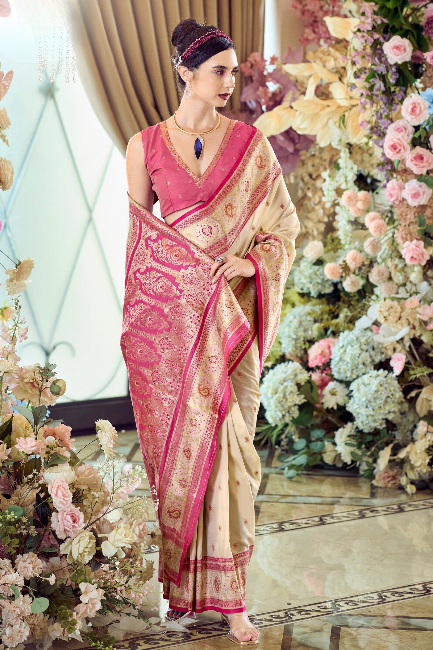 Buy MySilkLove Brandy Cream Woven Banarasi Soft Silk Saree Online